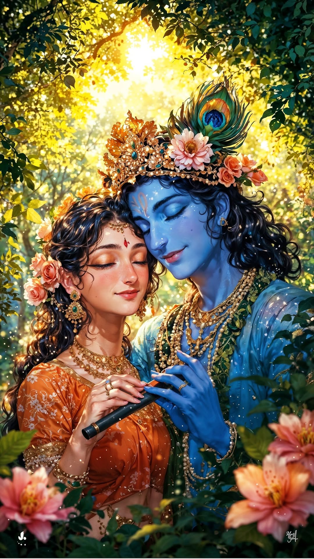 Radha and Krishna embrace in forest