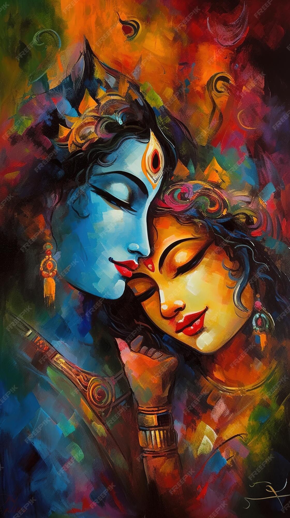 Radha and Krishna in loving embrace.