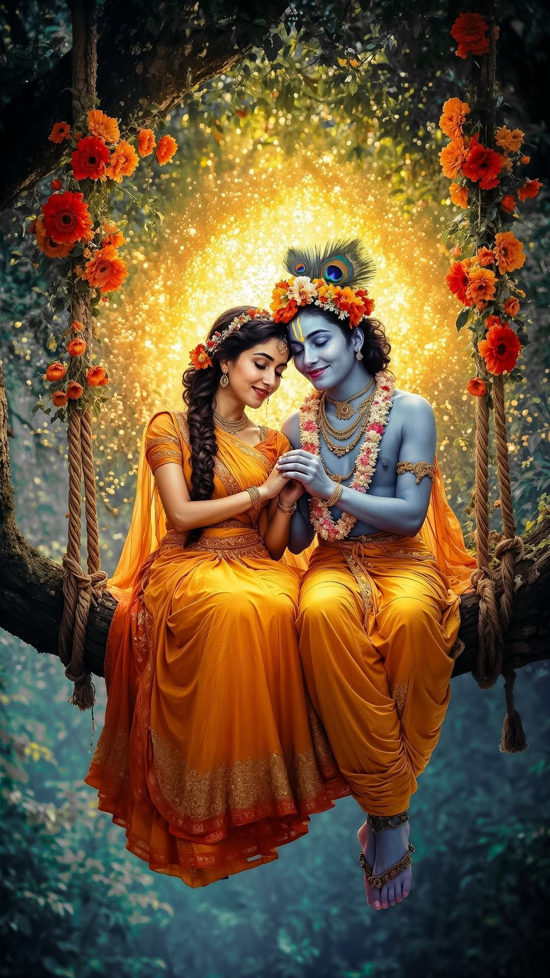Radha and Krishna on a floral swing