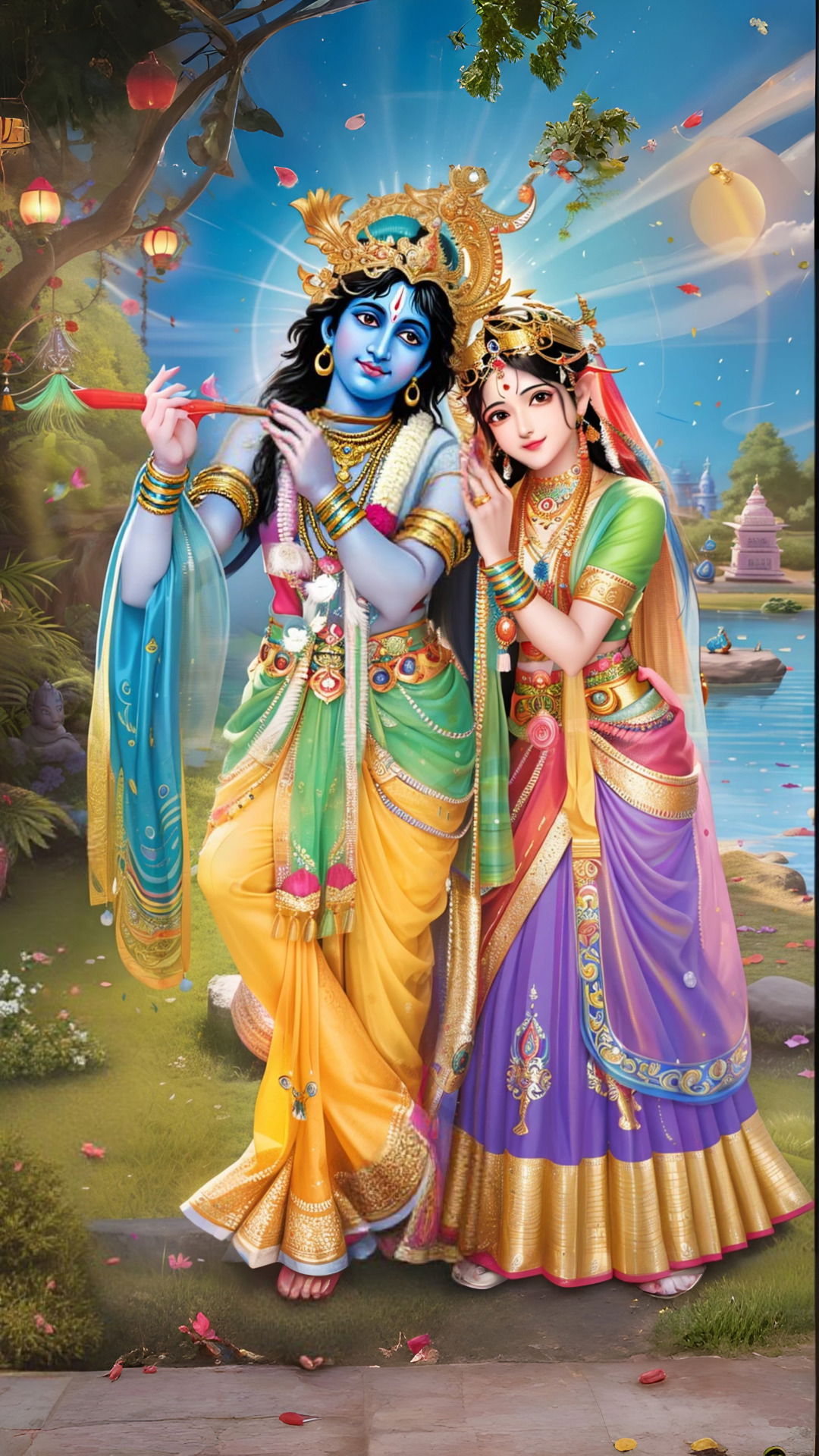 Krishna and Radha in a beautiful garden