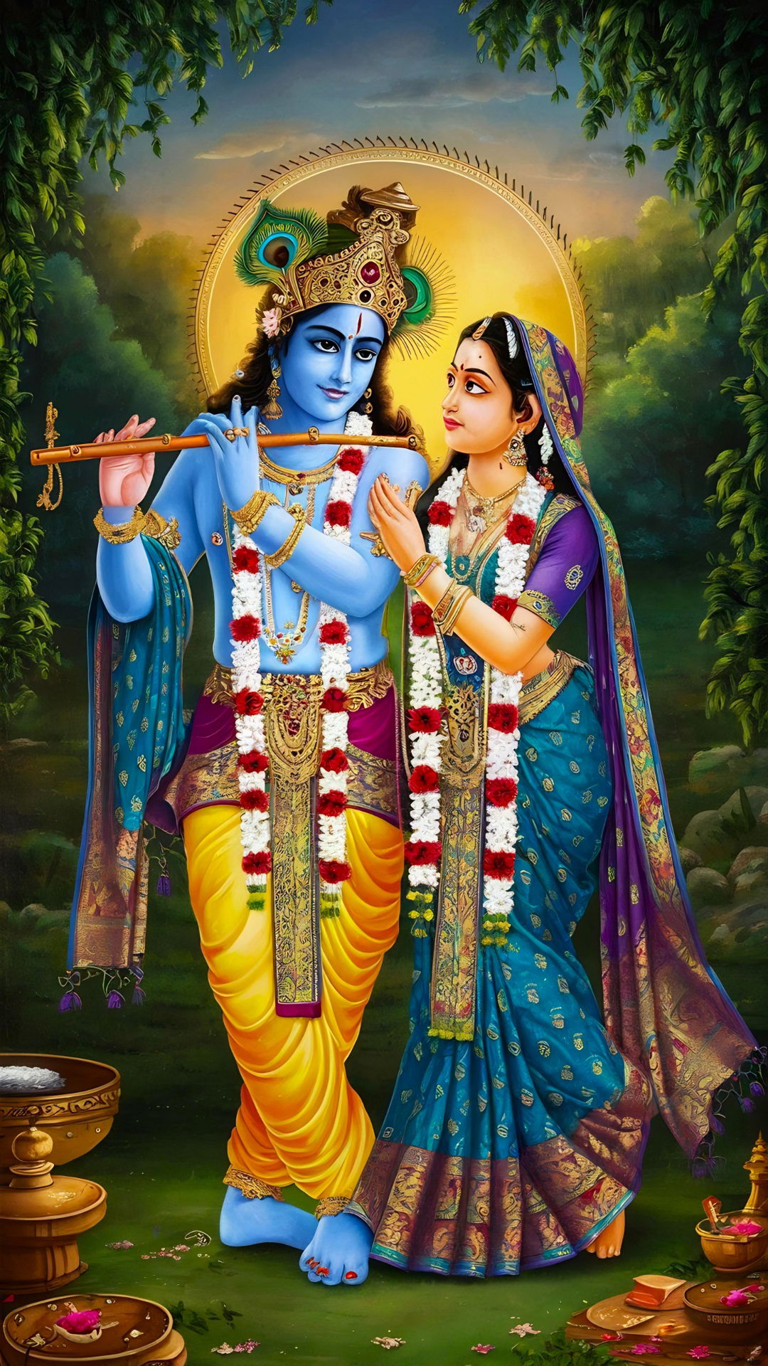 Radha Krishna playing flute in garden