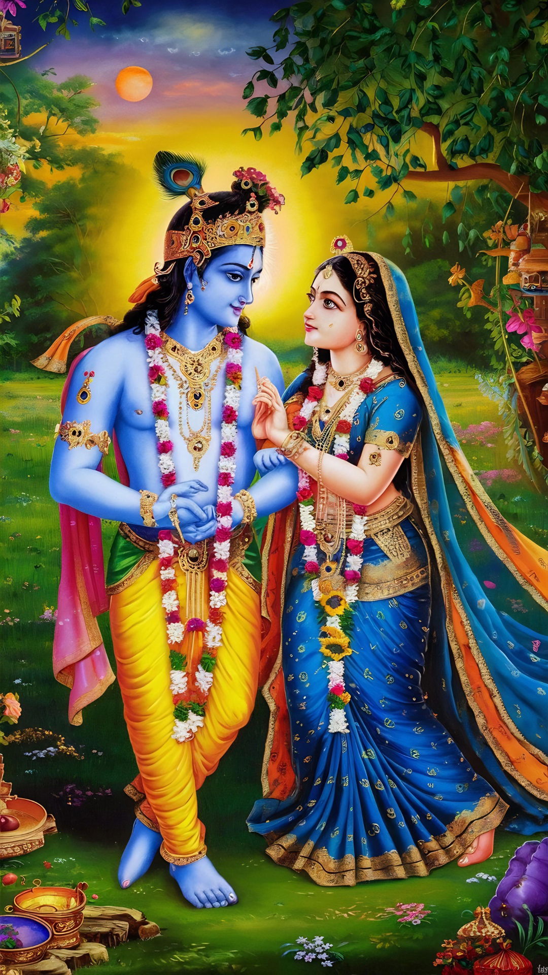 Krishna and Radha in a forest setting