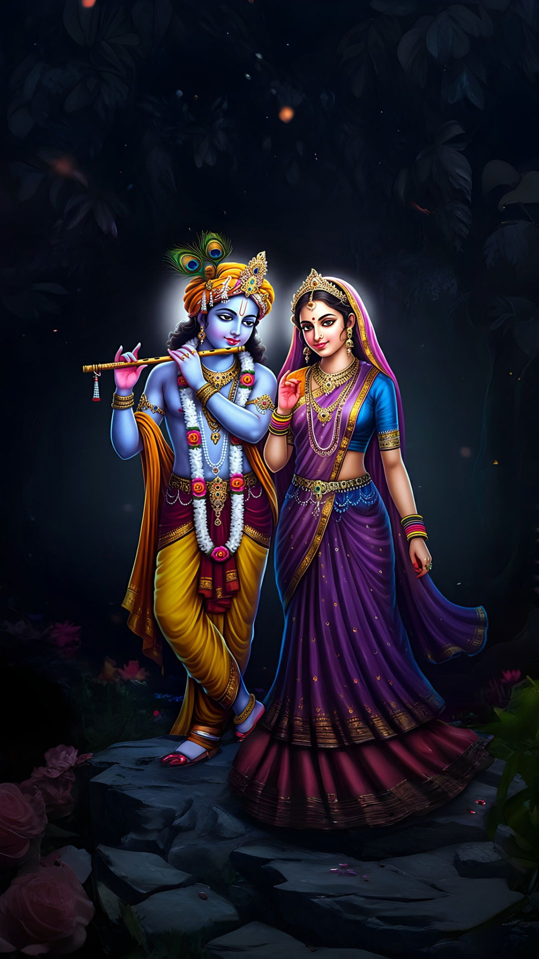 Krishna and Radha in a forest scene