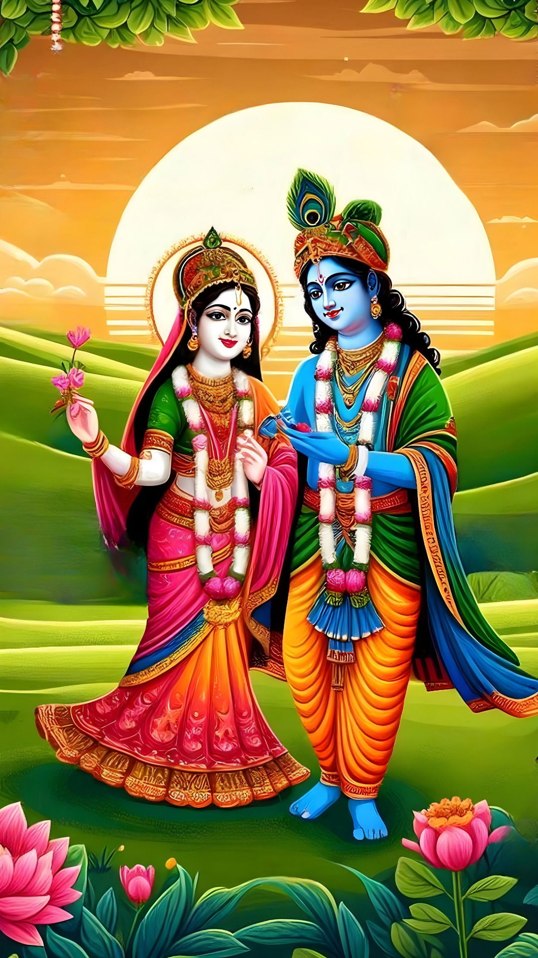Radha and Krishna stand in divine love