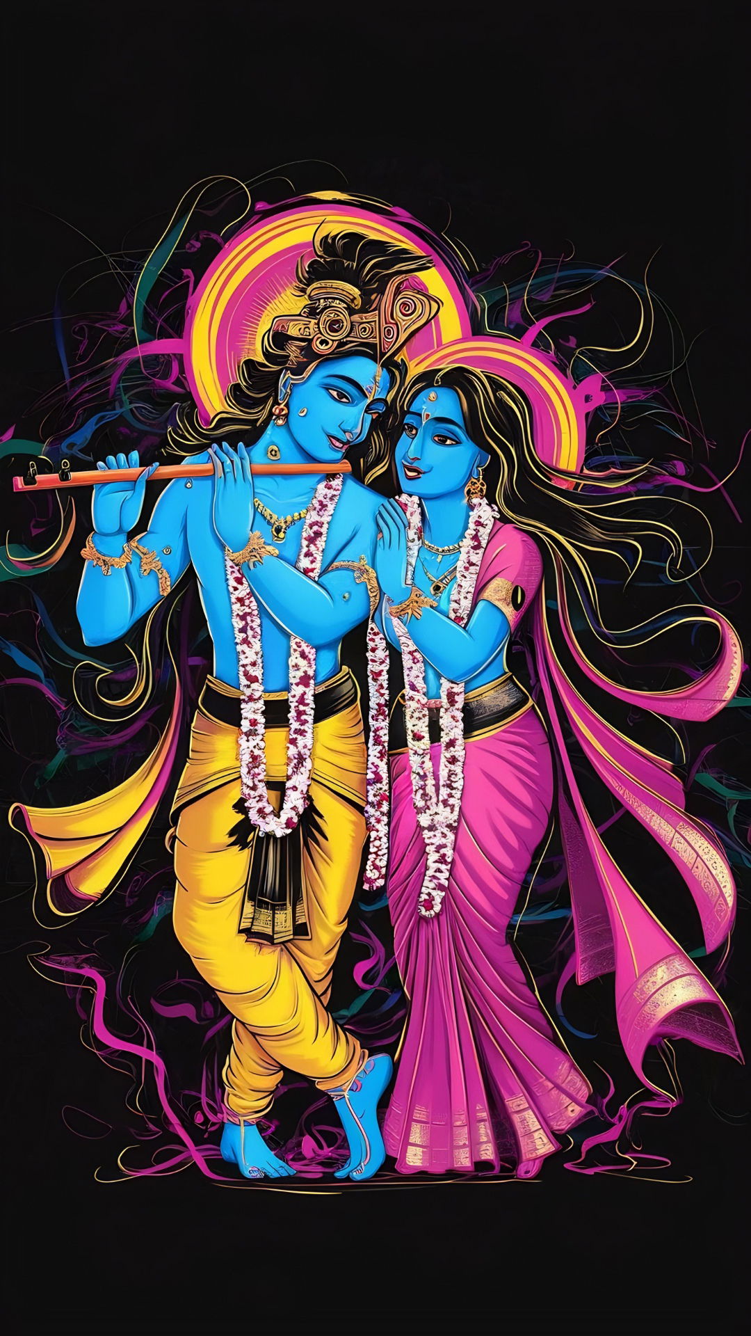 Radha and Krishna in loving embrace.