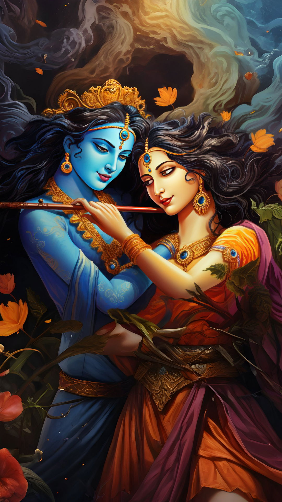 Radha and Krishna playing the flute