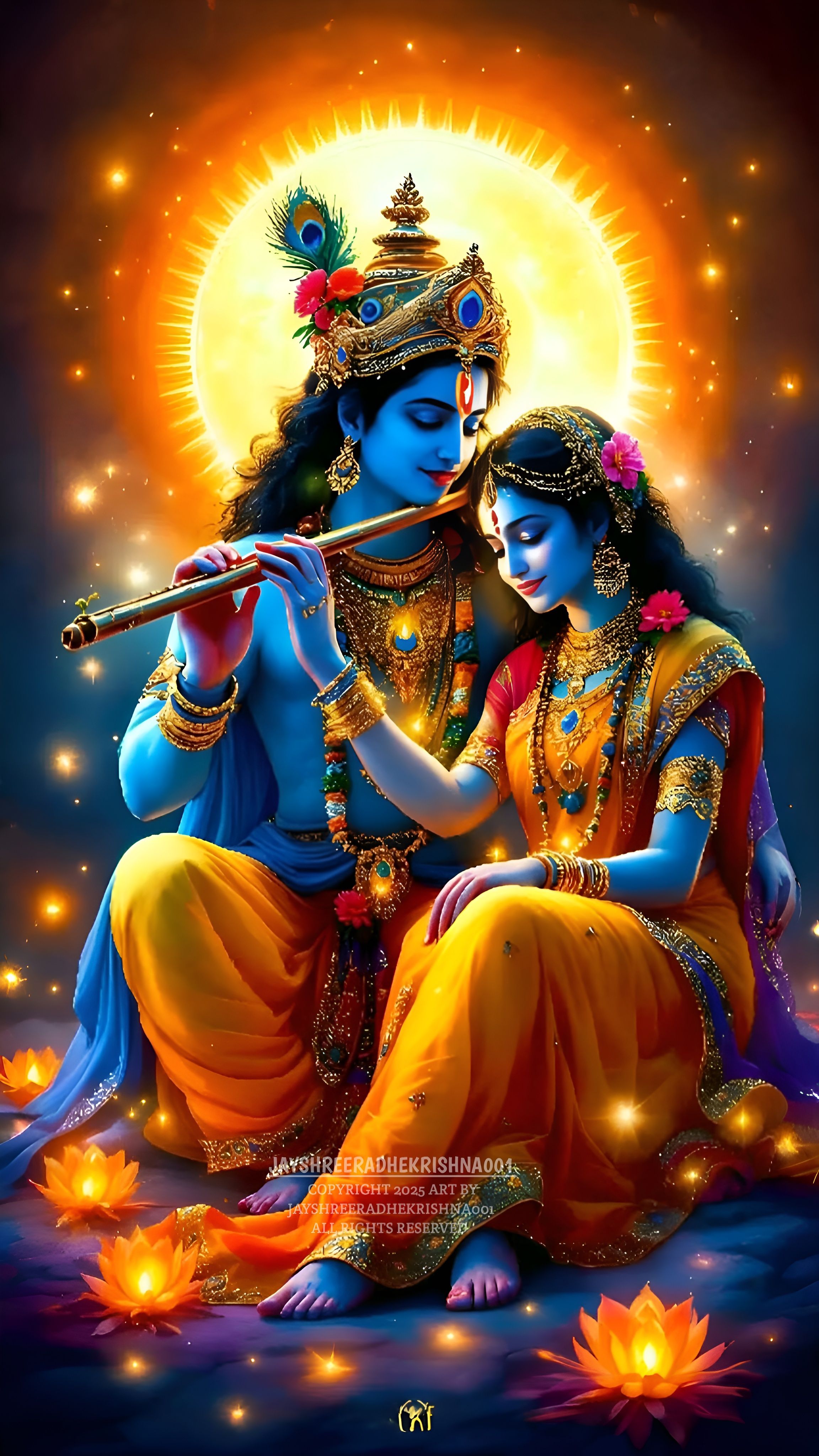 Radha and Krishna embrace with flute