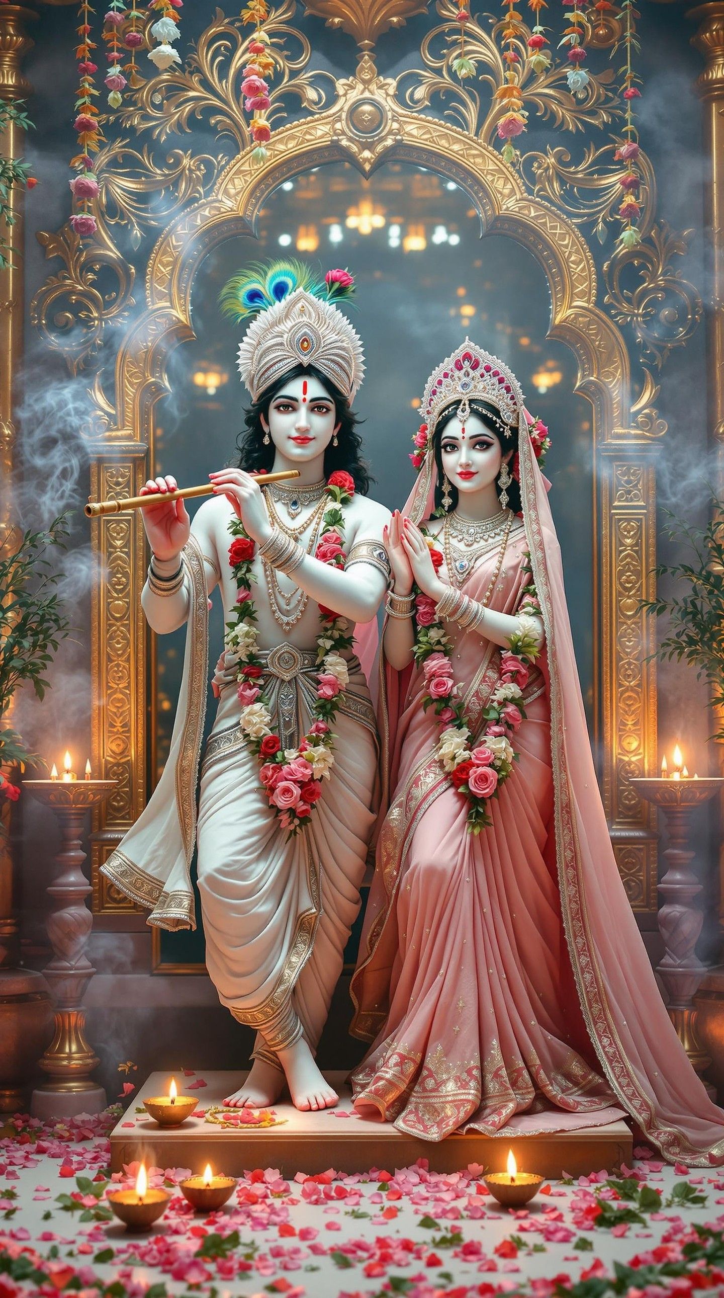 Radha and Krishna share a loving gaze