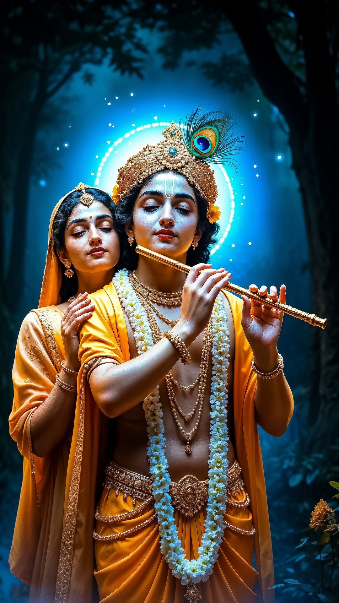 Radha and Krishna playing flute divine