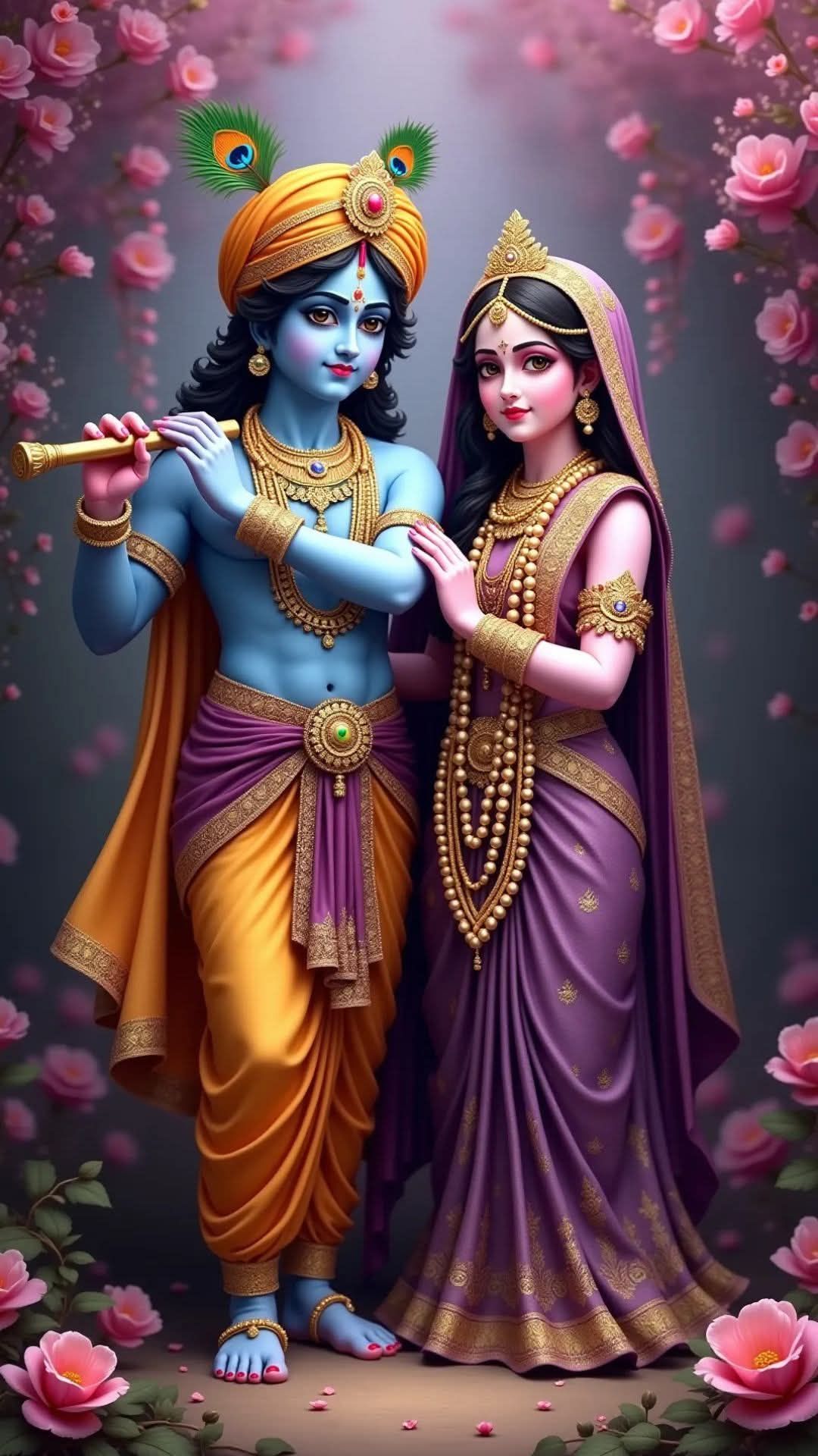 Radha Krishna amidst pink floral background