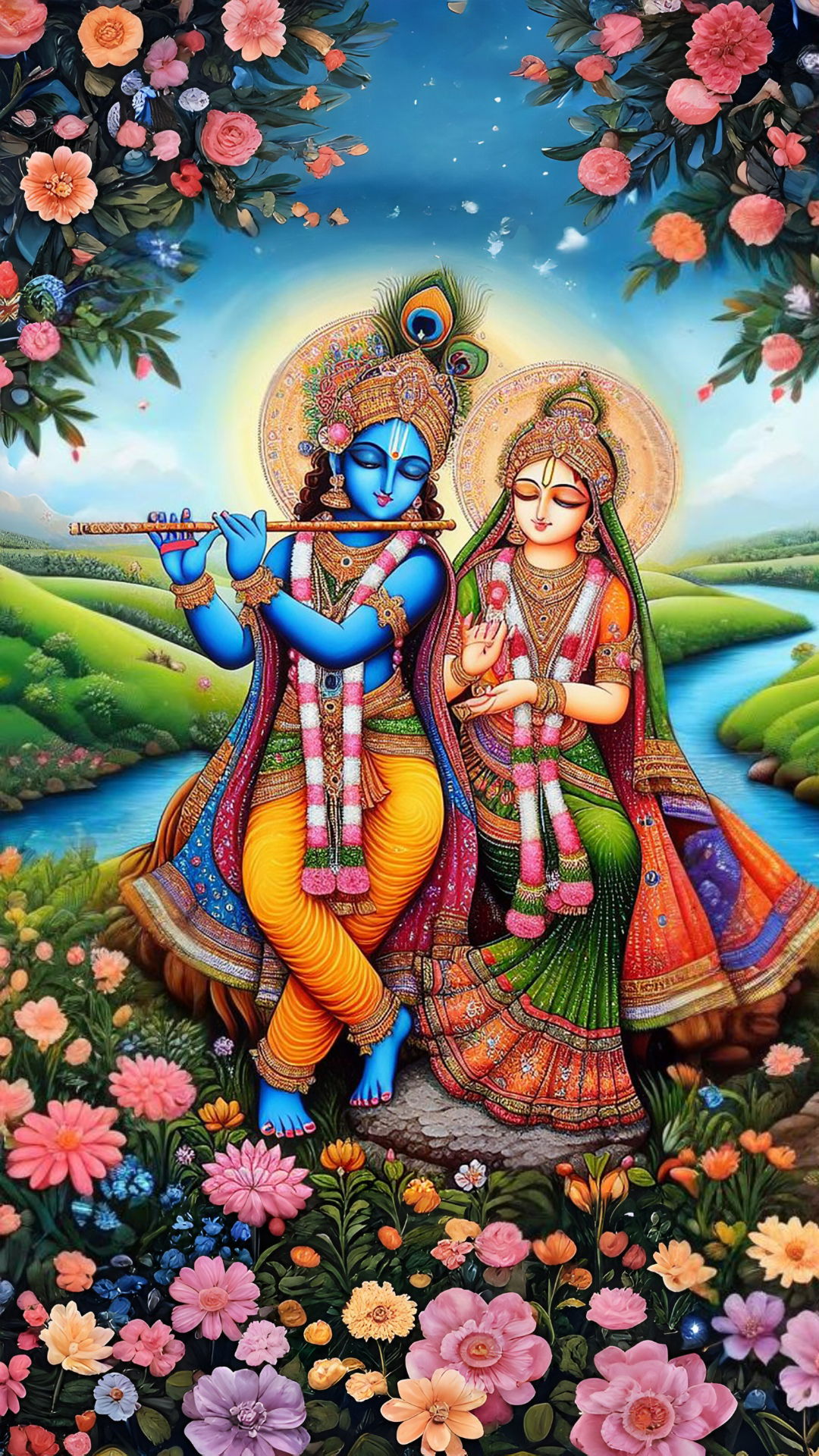 Radha Krishna playing flute in garden