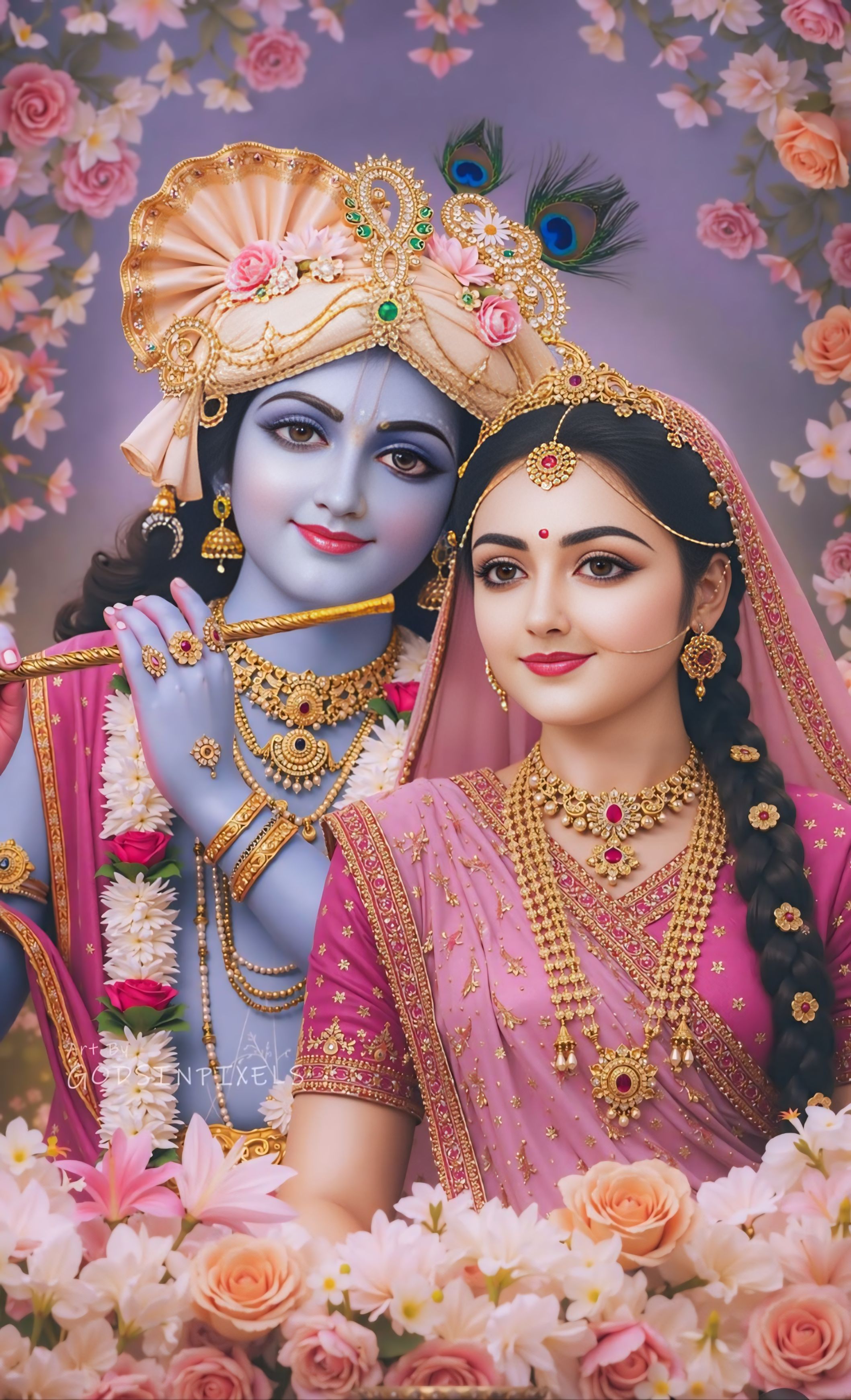 Radha Krishna amidst pink blossoms