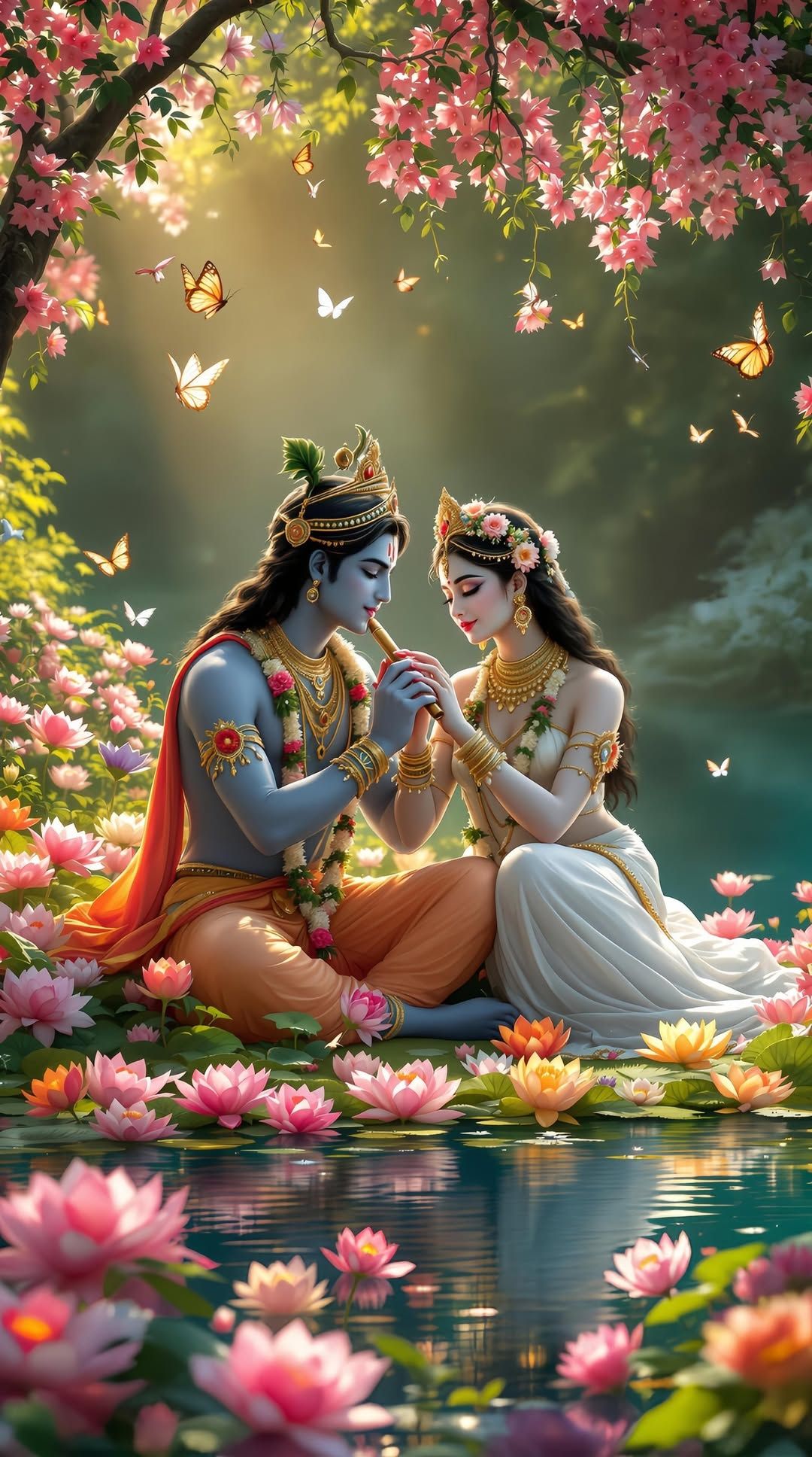 Radha and Krishna playing flute amidst flowers