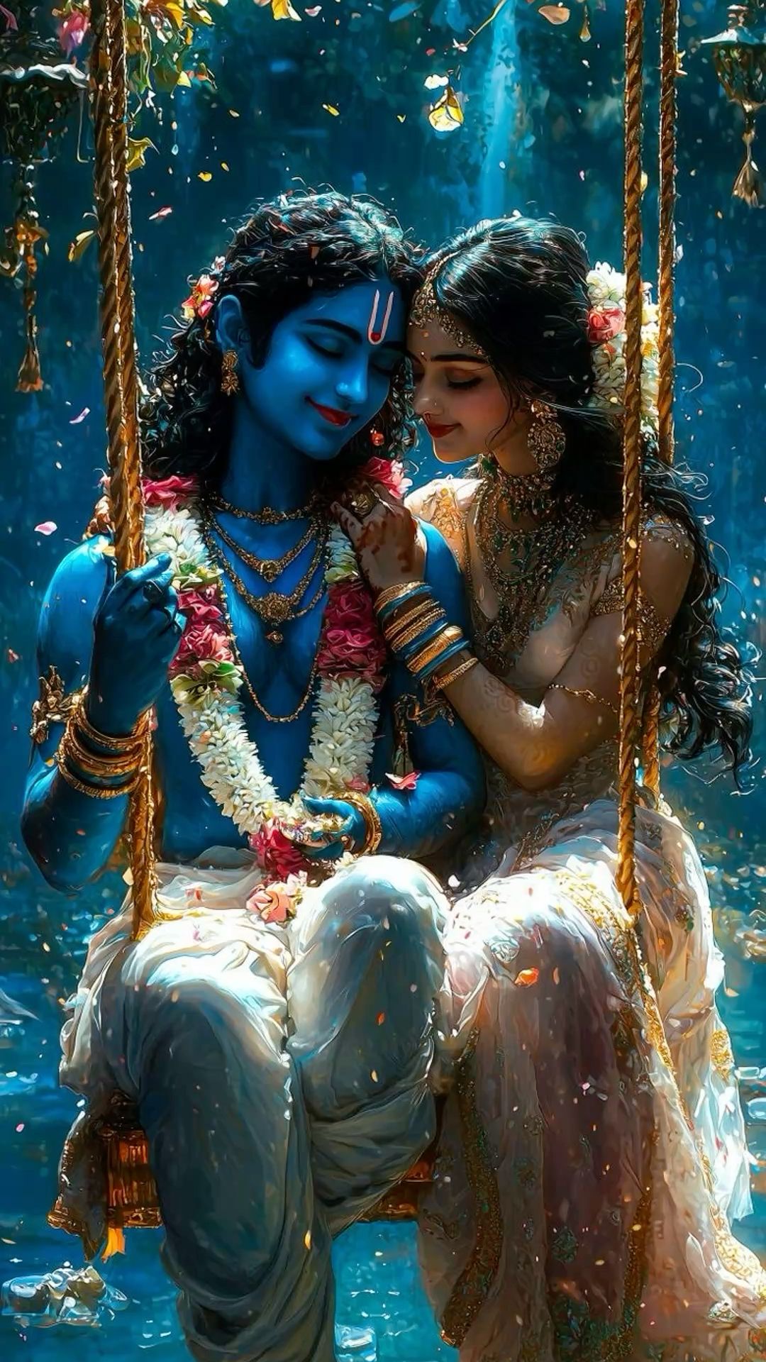 Radha Krishna on floral swing