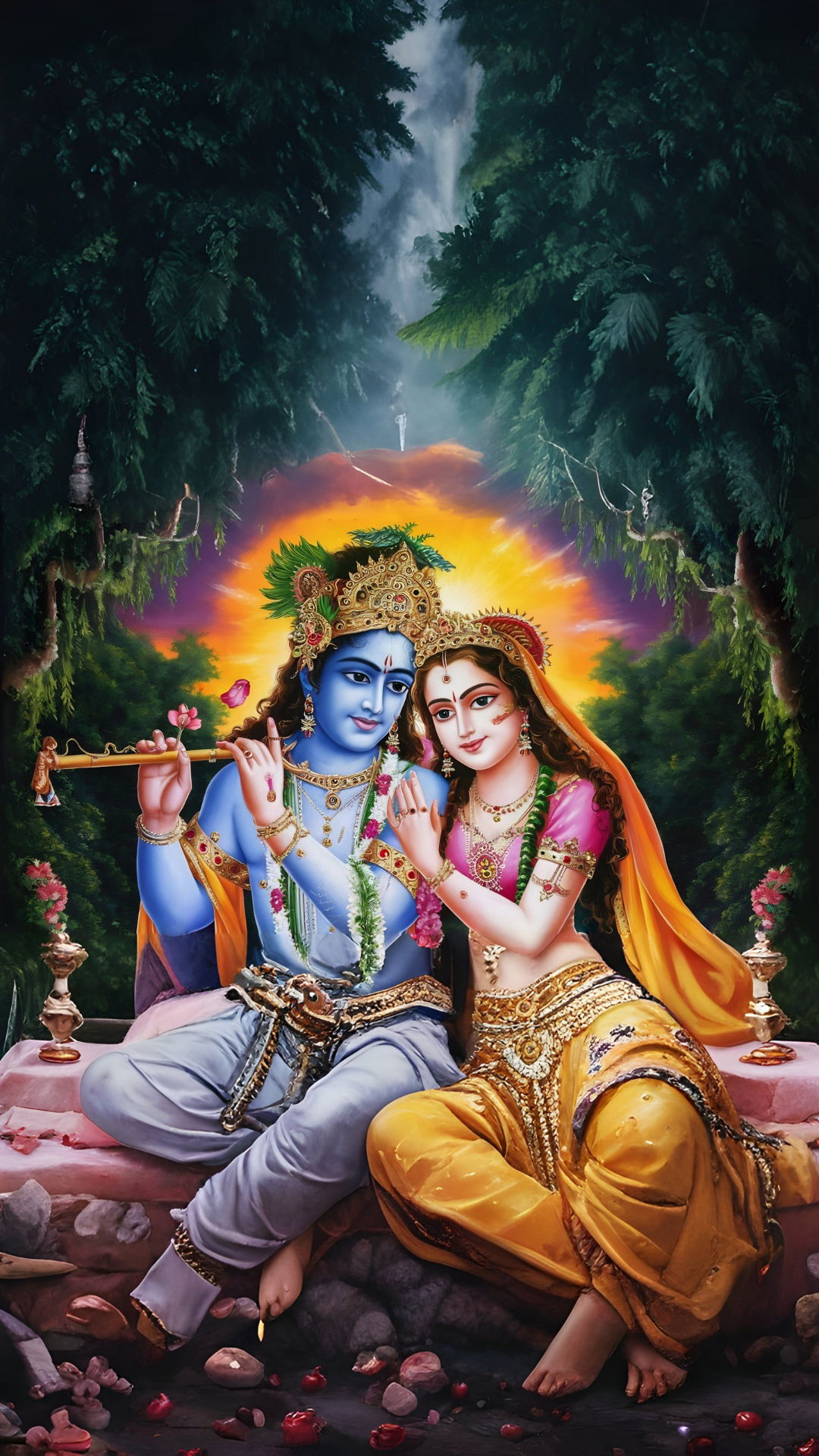 Radha and Krishna in a forest setting