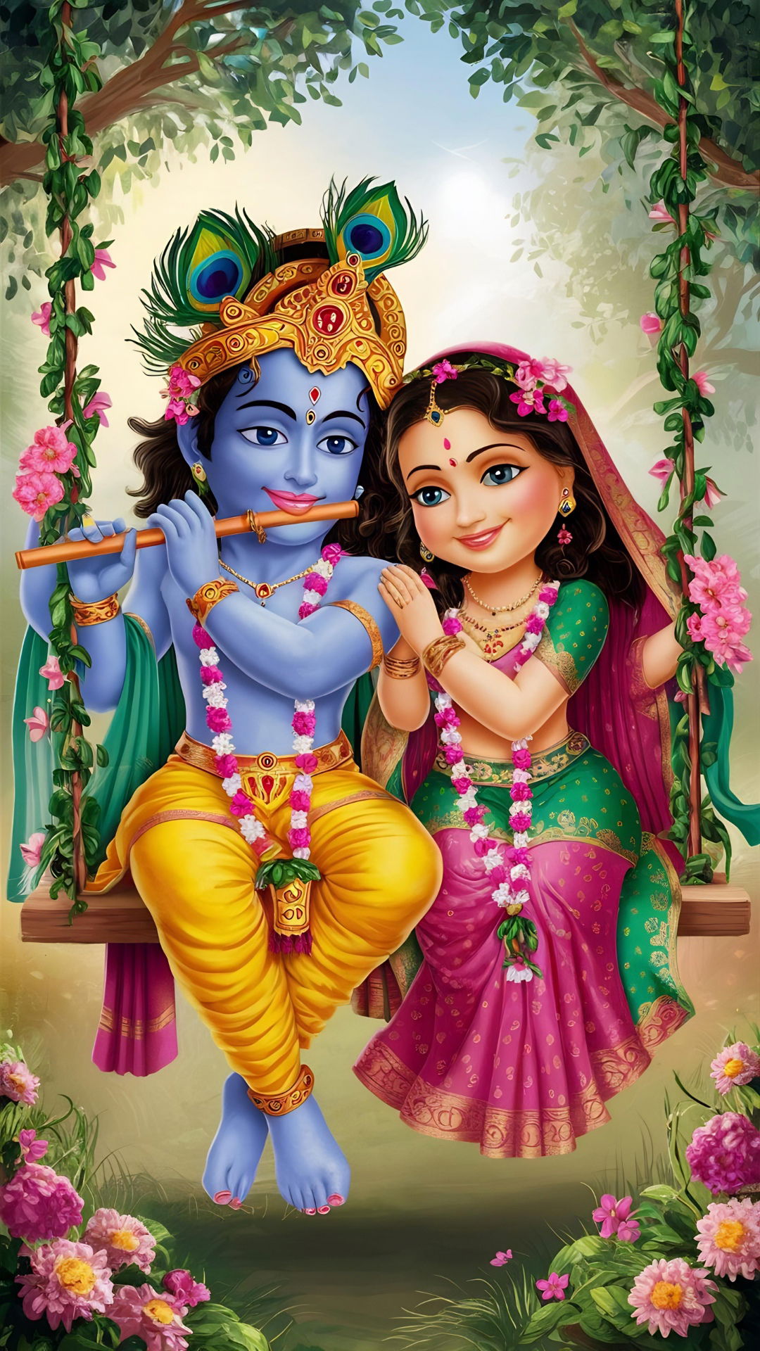 Radha Krishna on a floral swing