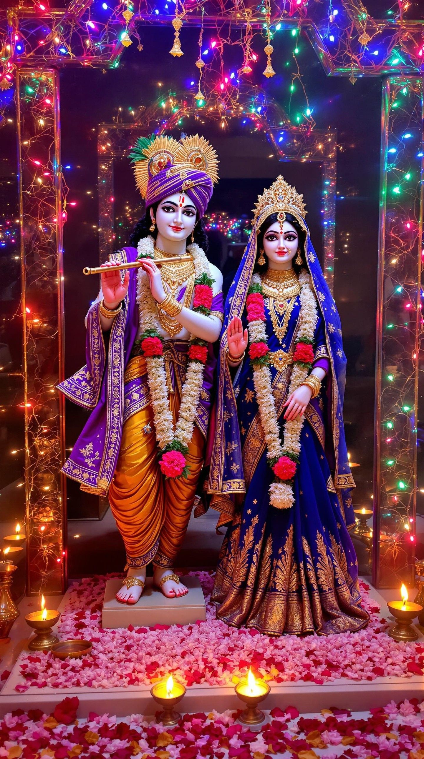 Radha Krishna with flute and lights
