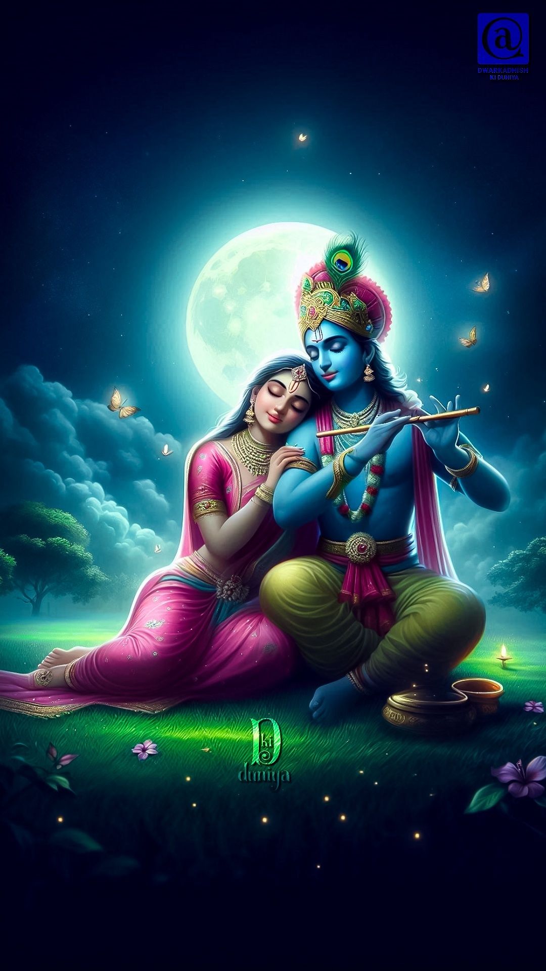 Radha and Krishna loving embrace under moon