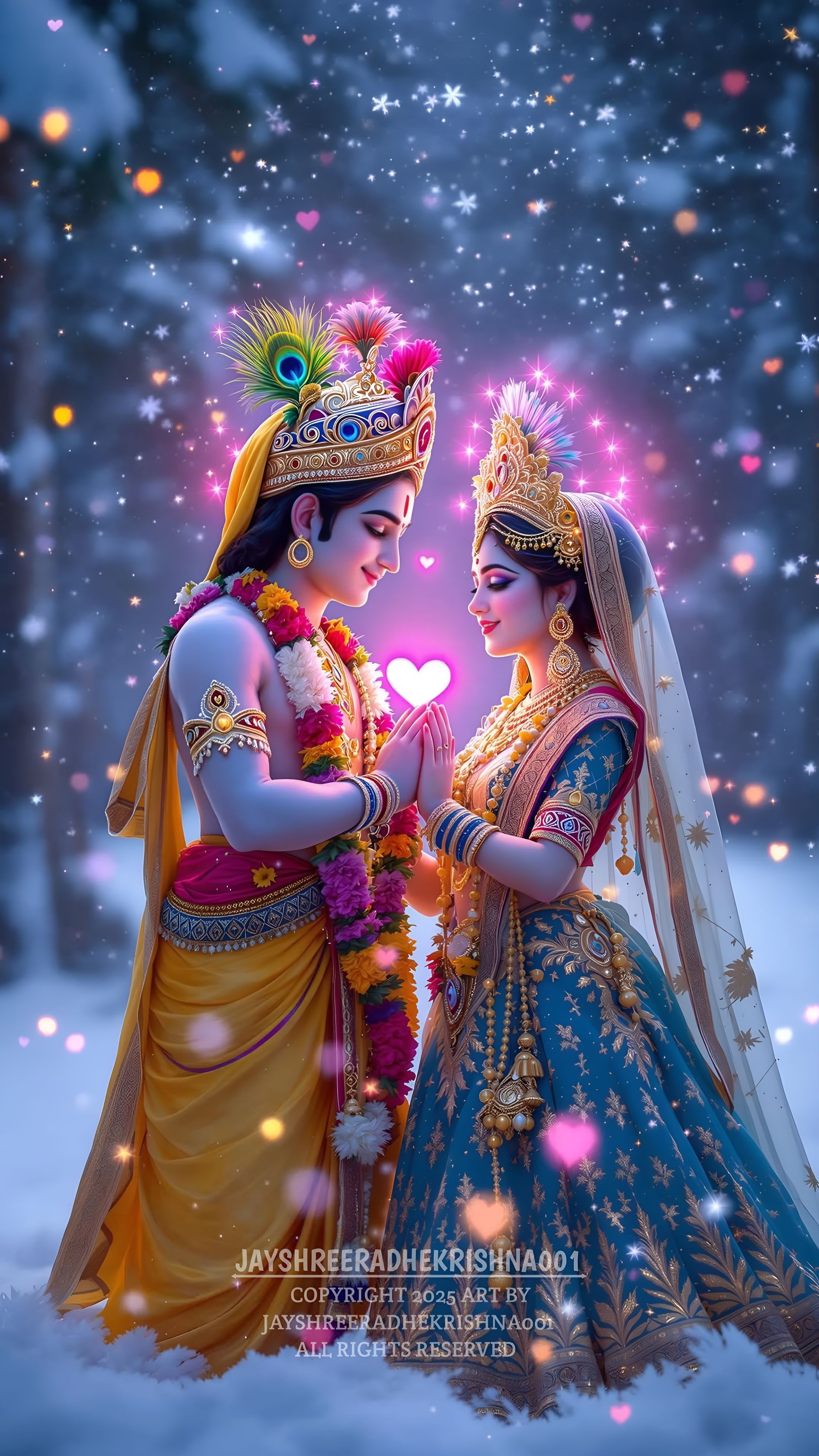 Radha and Krishna embracing under stars