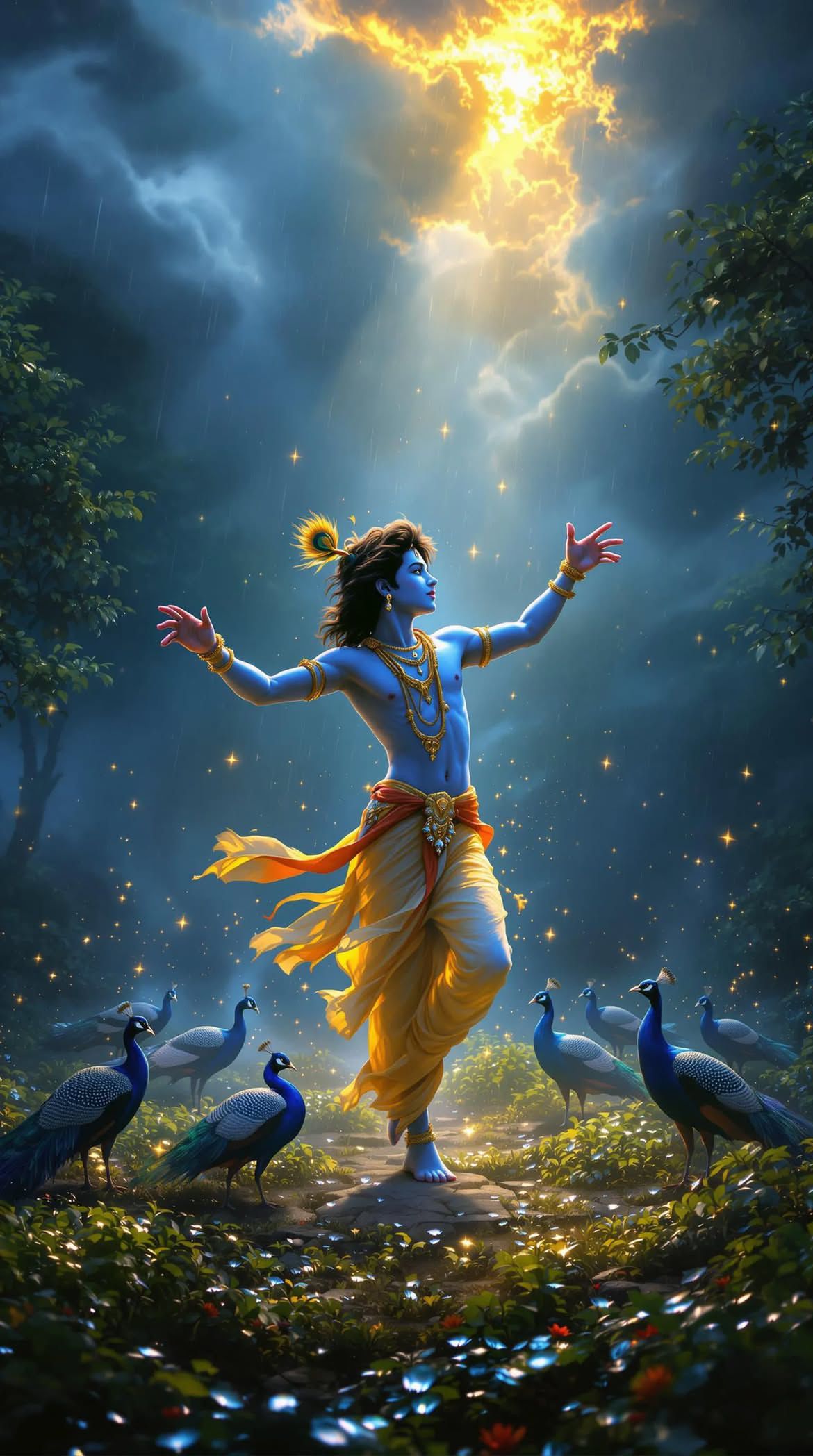 Krishna dancing in a monsoon rainstorm