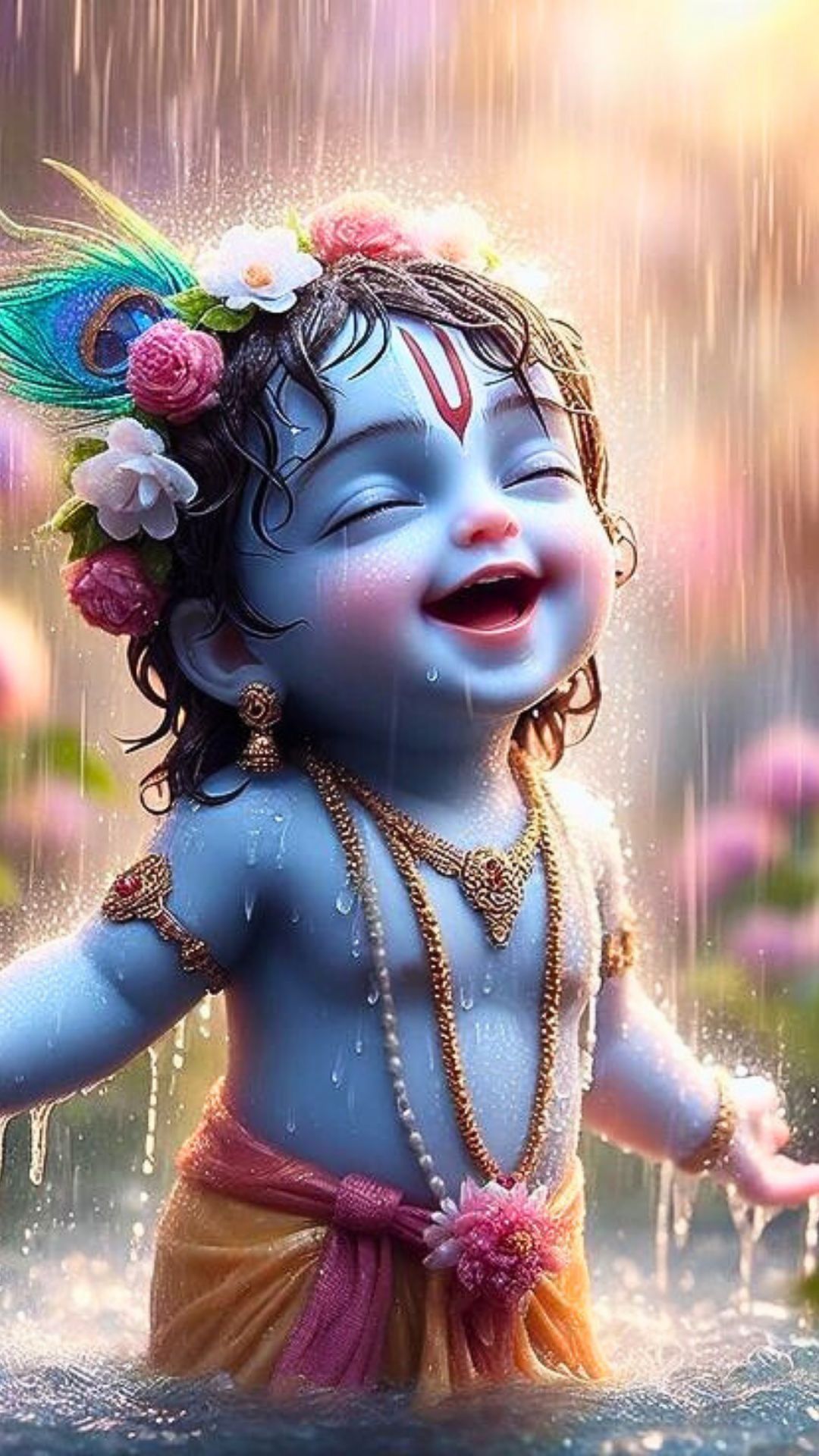 Smiling baby Krishna in the rain