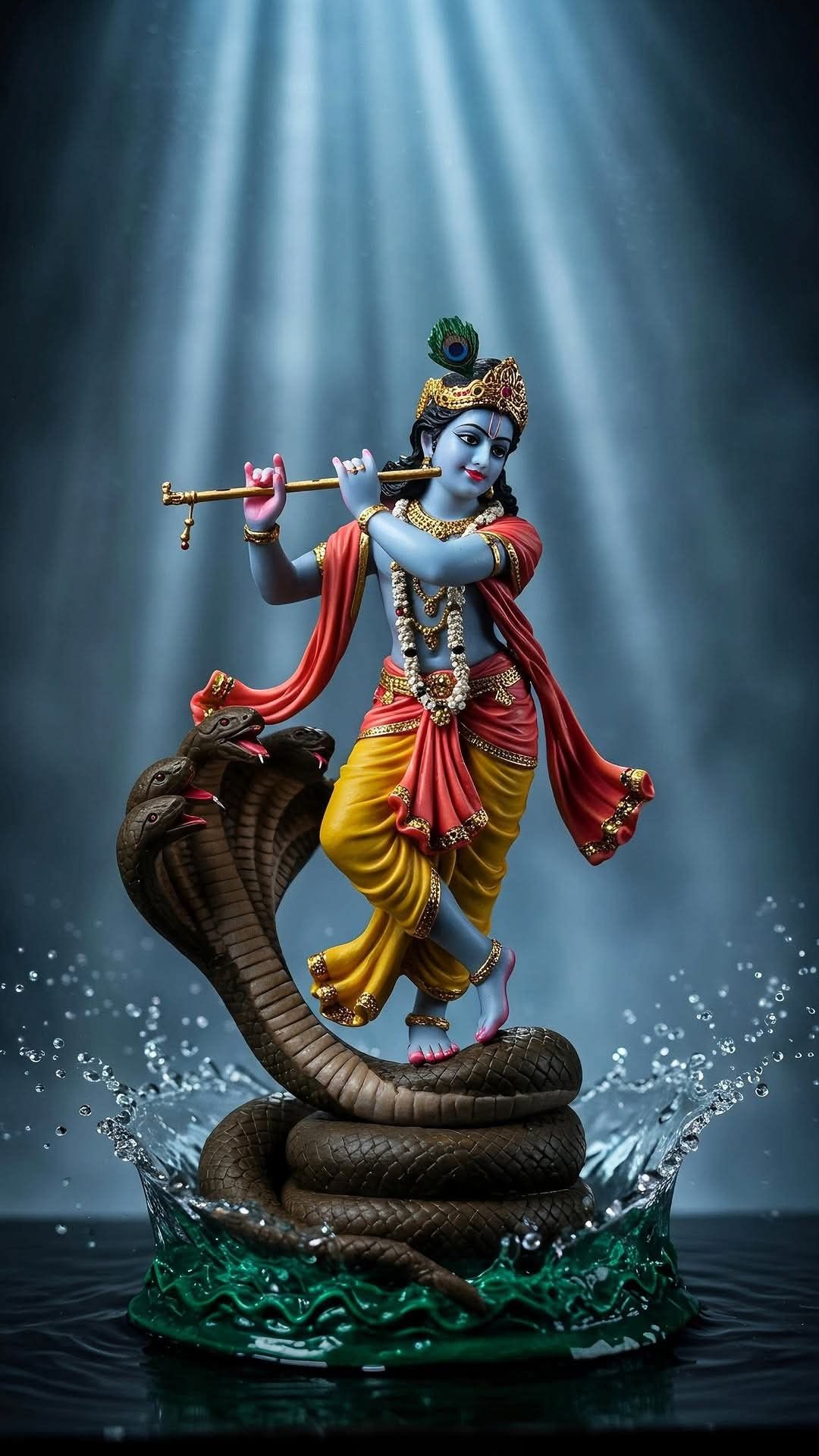 Krishna standing on Sheshnag playing flute