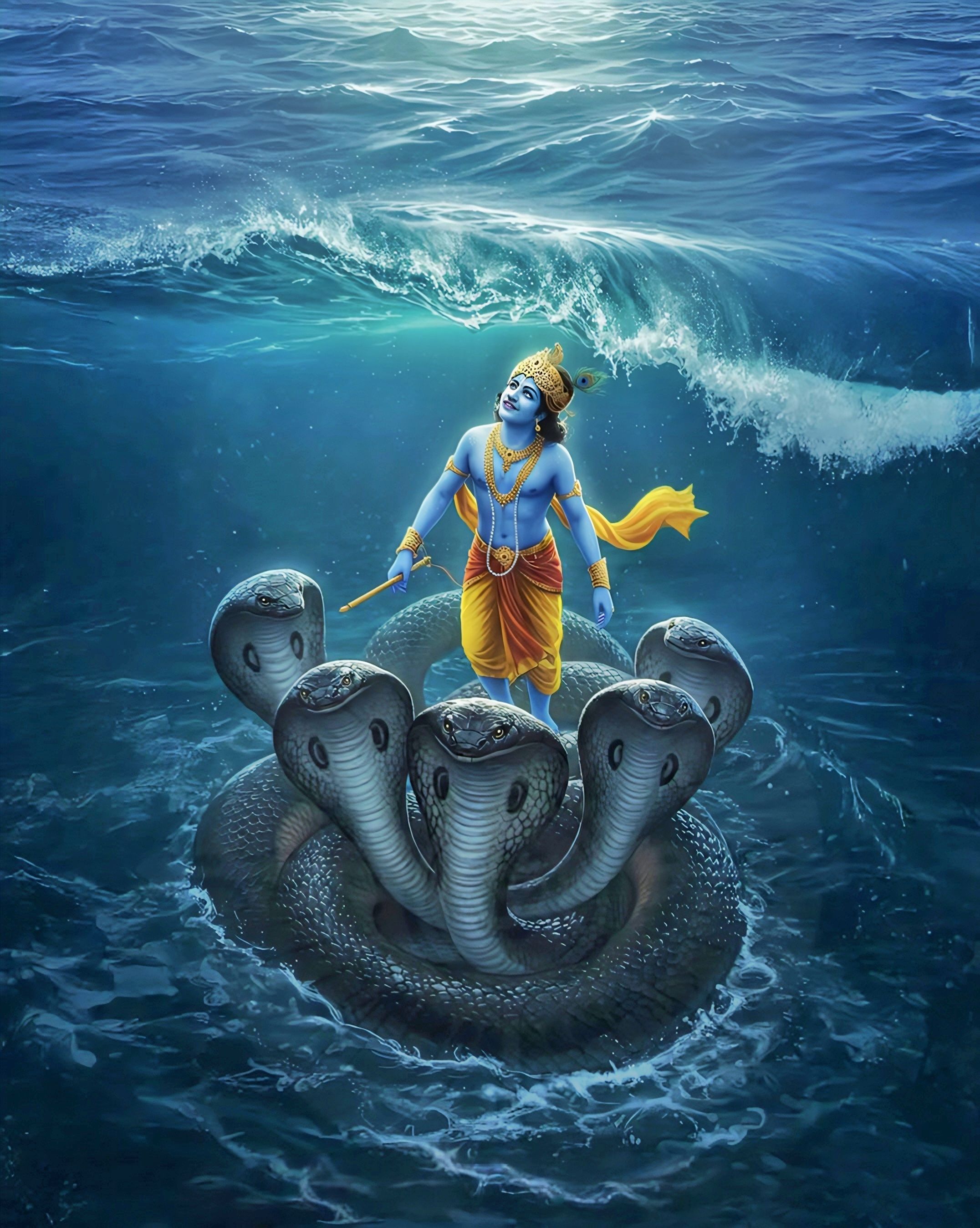 Krishna standing on Sheshnag in ocean