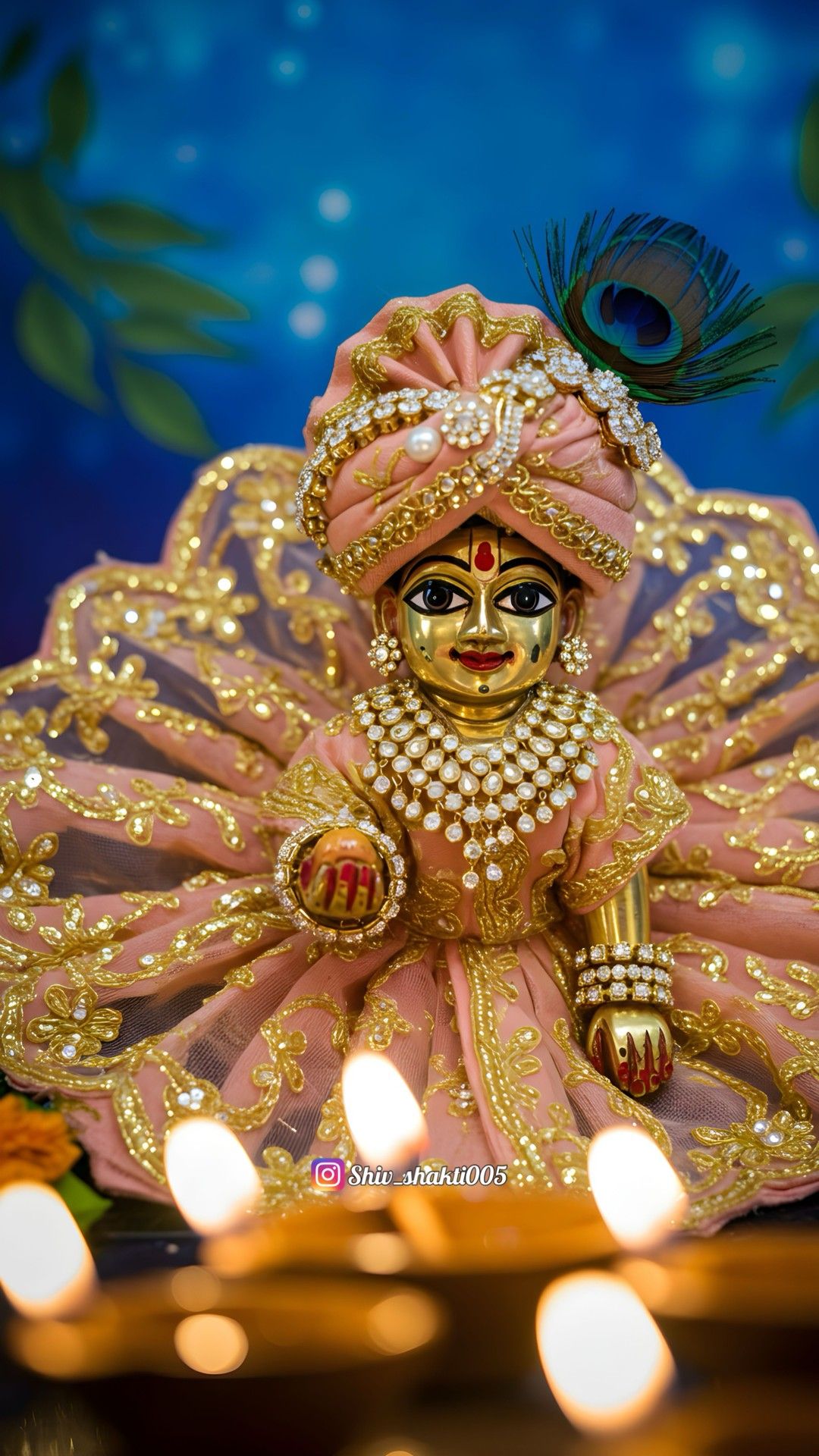 Close-up of beautifully adorned Krishna.