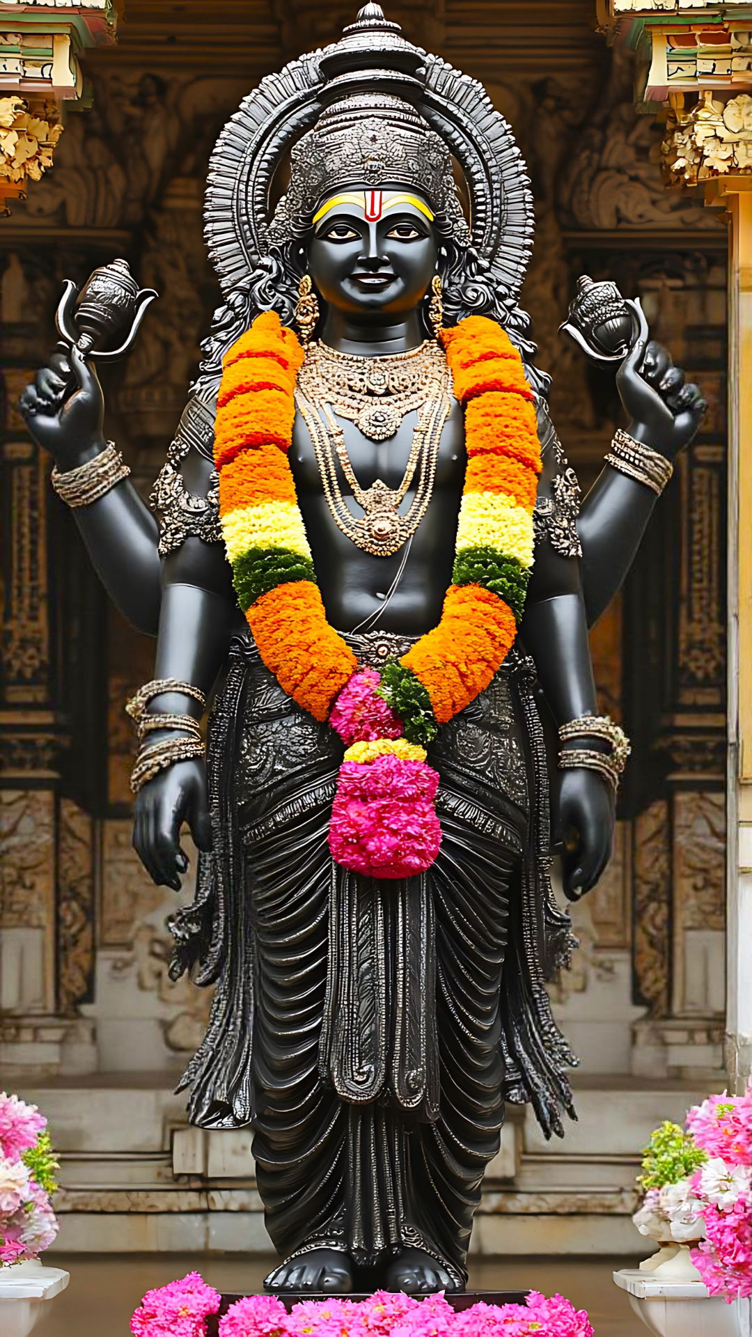 Lord Krishna statue with flower garland