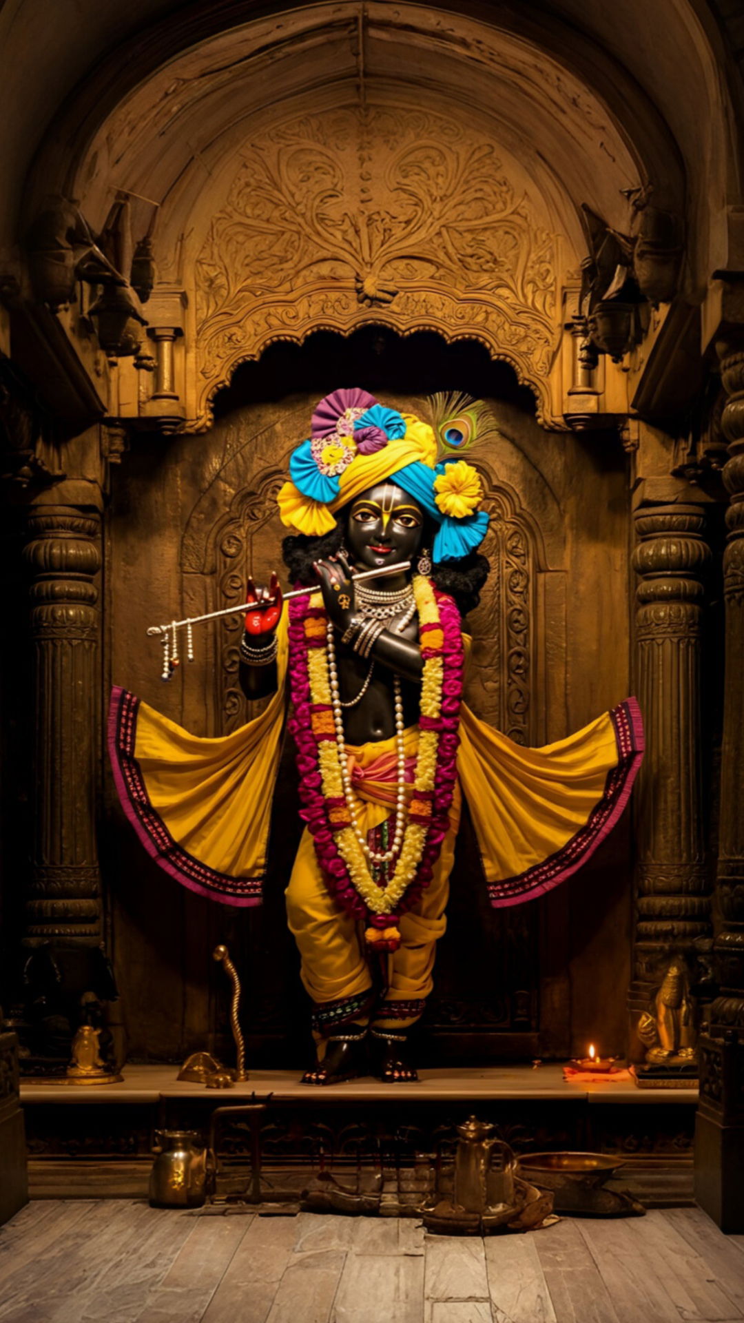 Krishna statue in ornate temple setting
