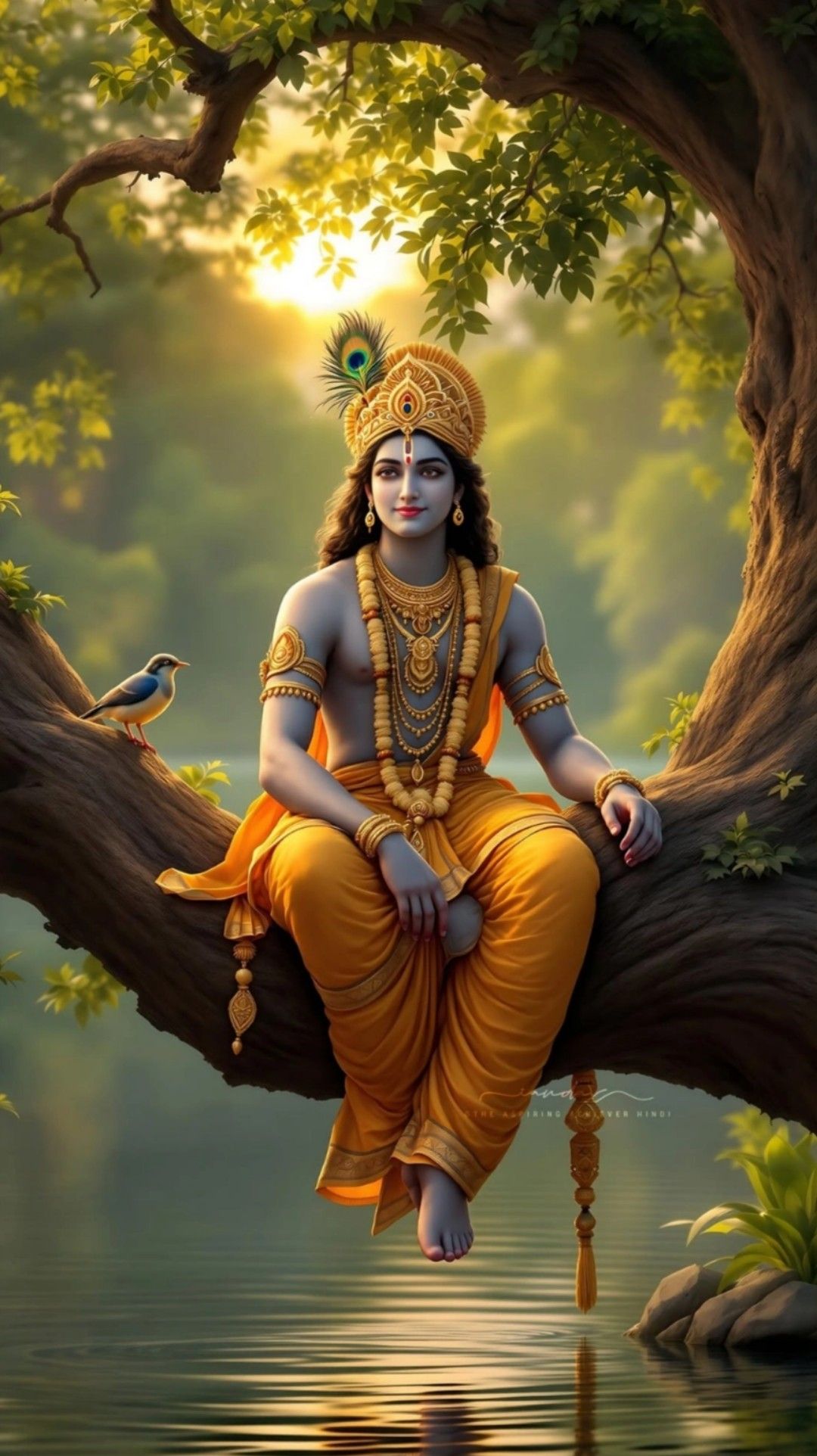 Krishna resting in a lush forest