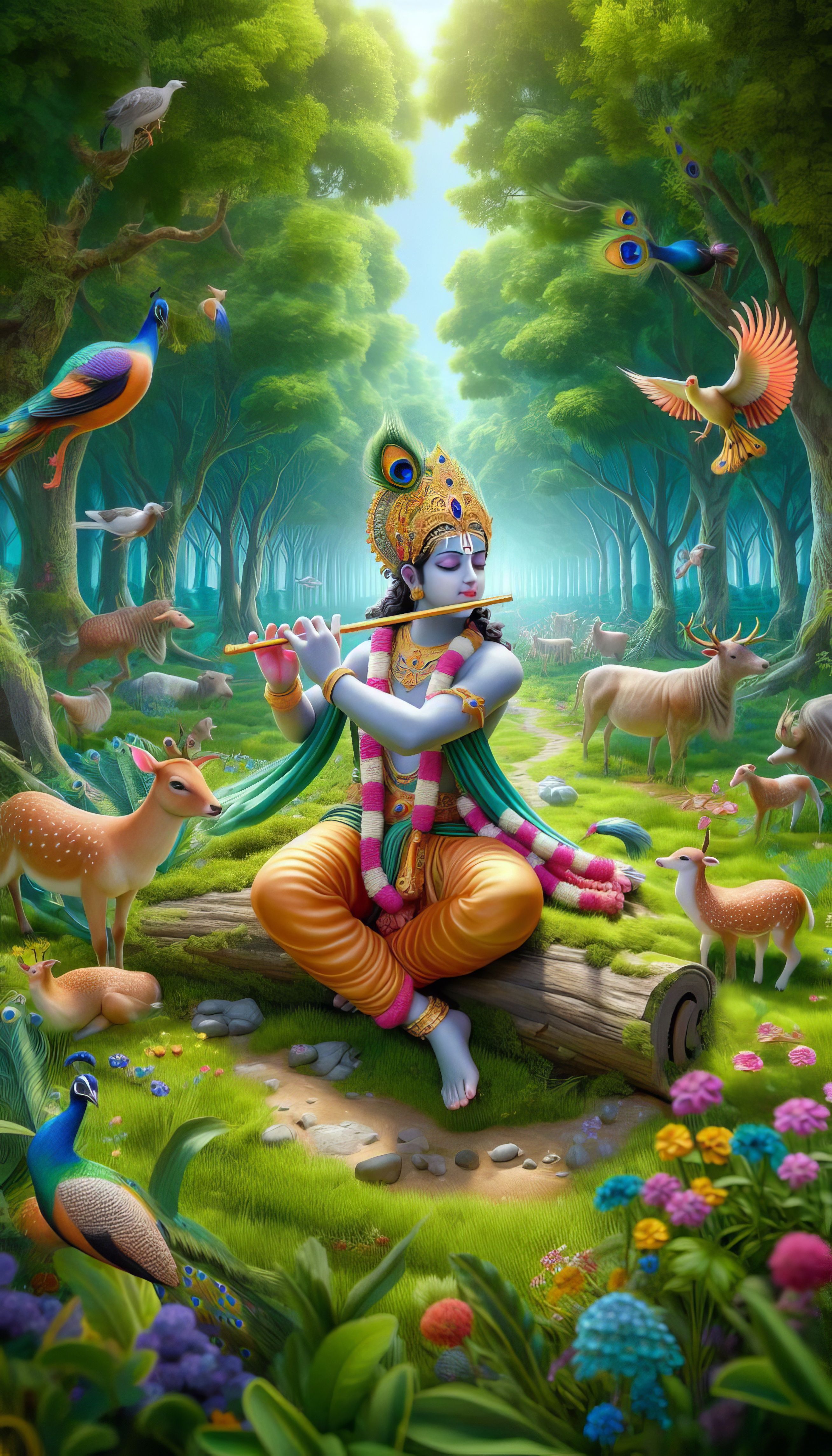 Krishna playing flute in Vrindavan forest