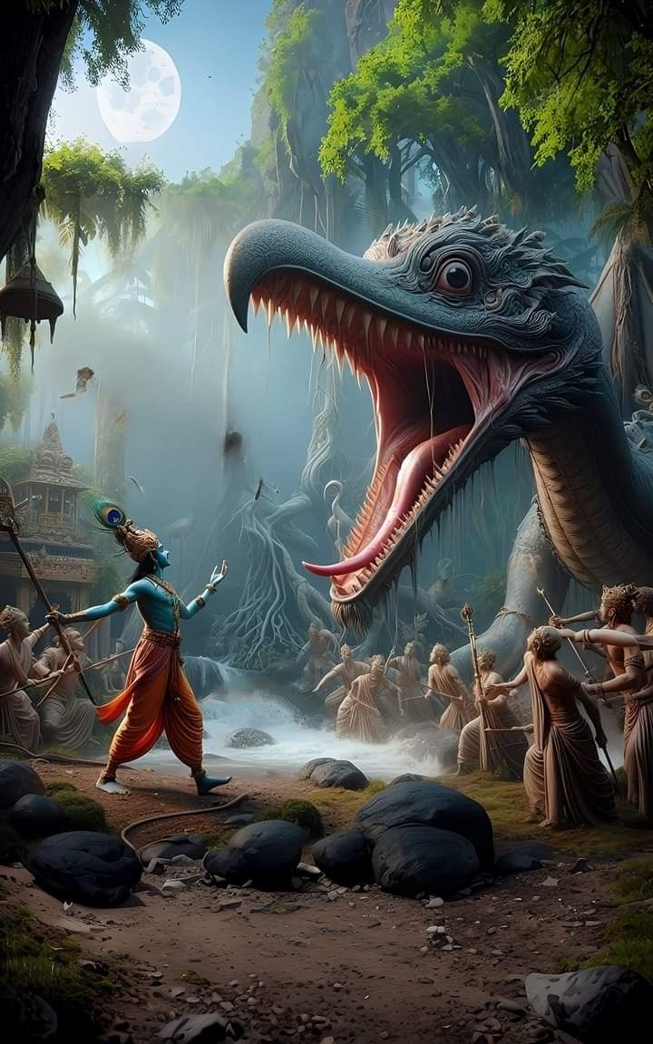 Krishna subdues Kaliya serpent, Vrindavan scene.