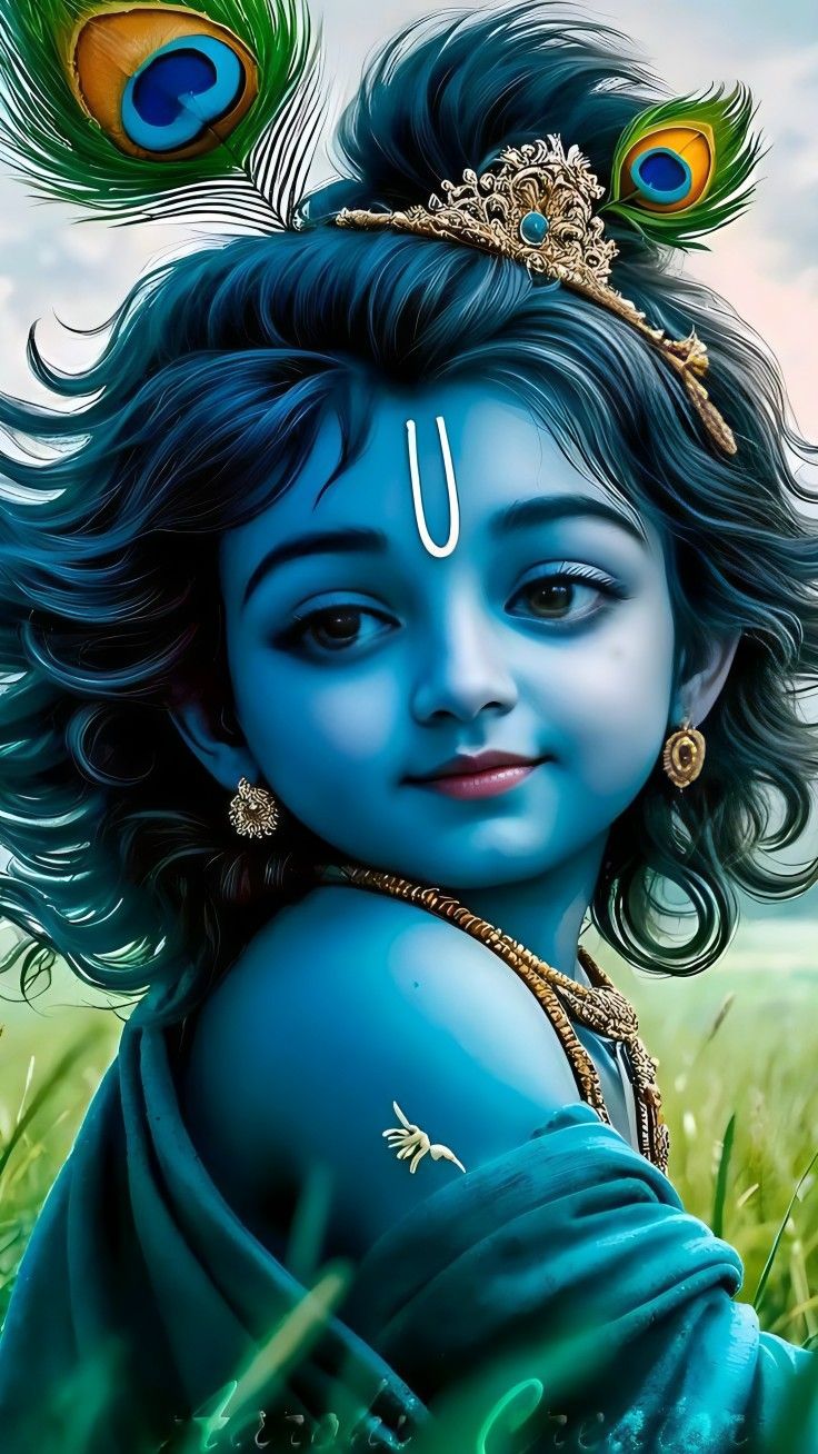 Baby Krishna with peacock feather crown.