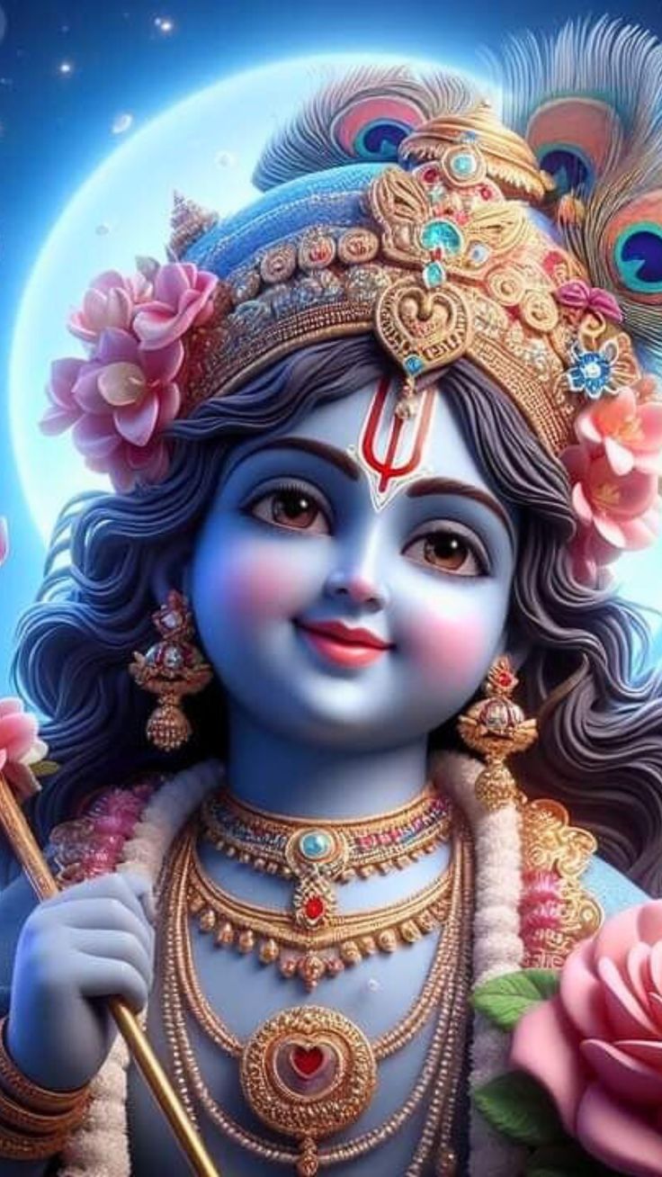 Smiling baby Krishna with flute