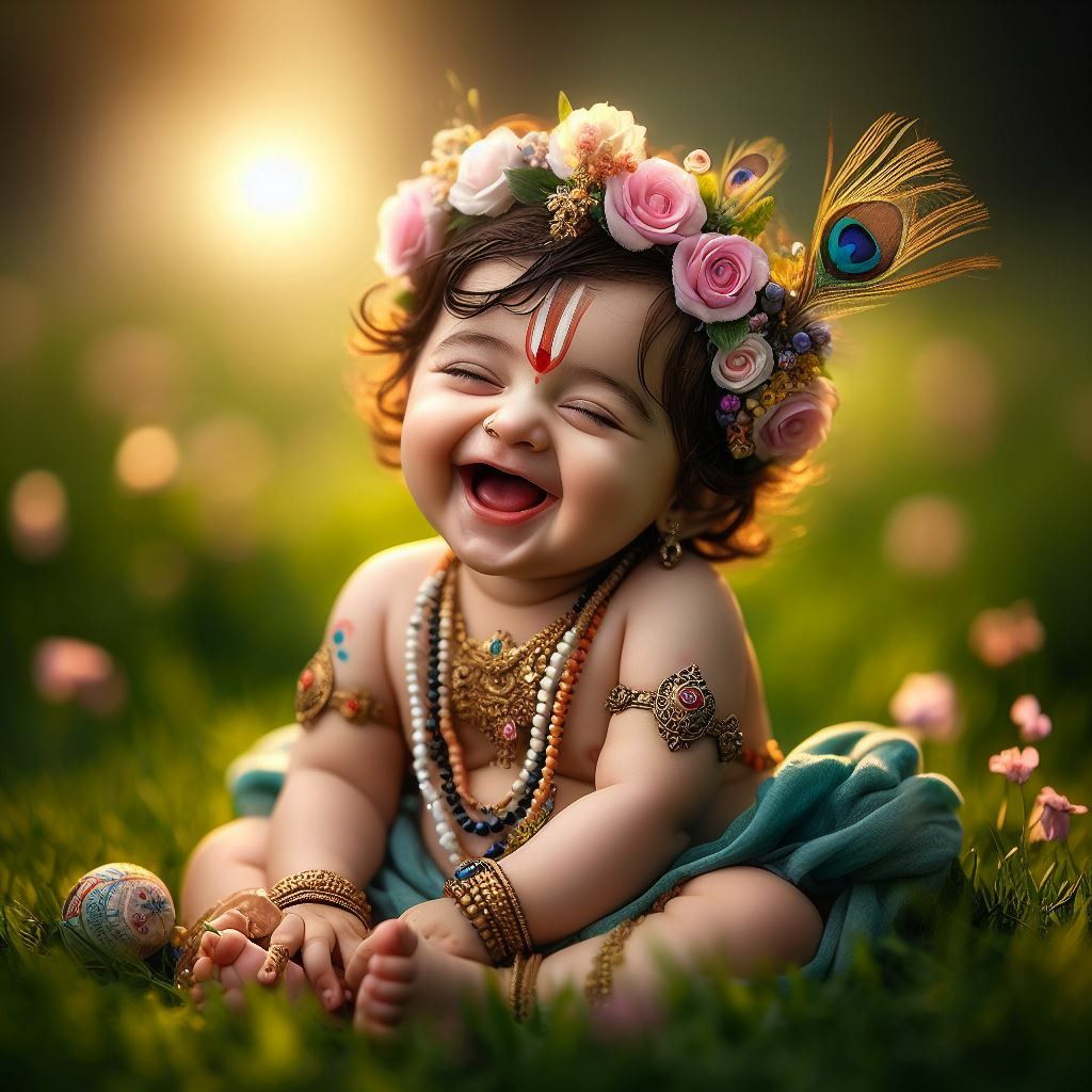 Smiling baby Krishna with flower crown