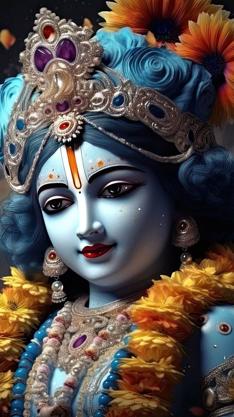 Blue-skinned krishna with floral adornments