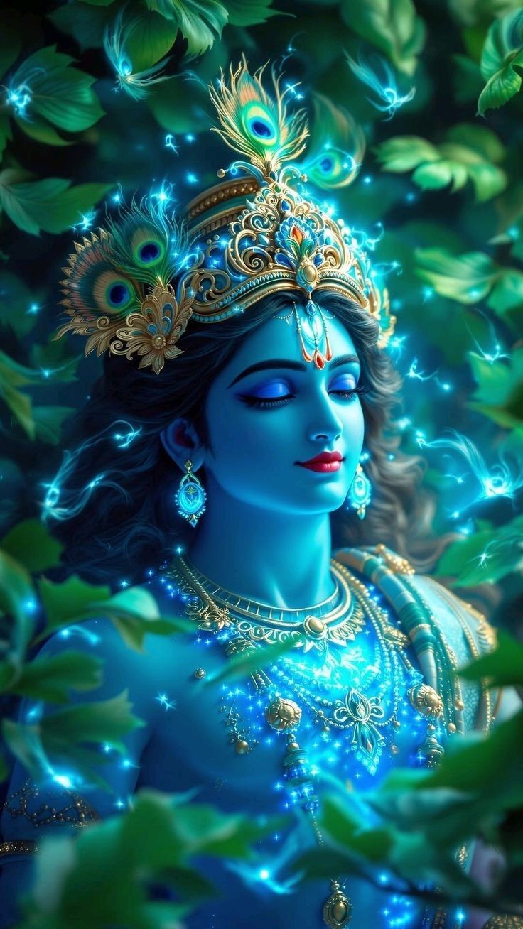 Blue-skinned Krishna with peacock feather crown