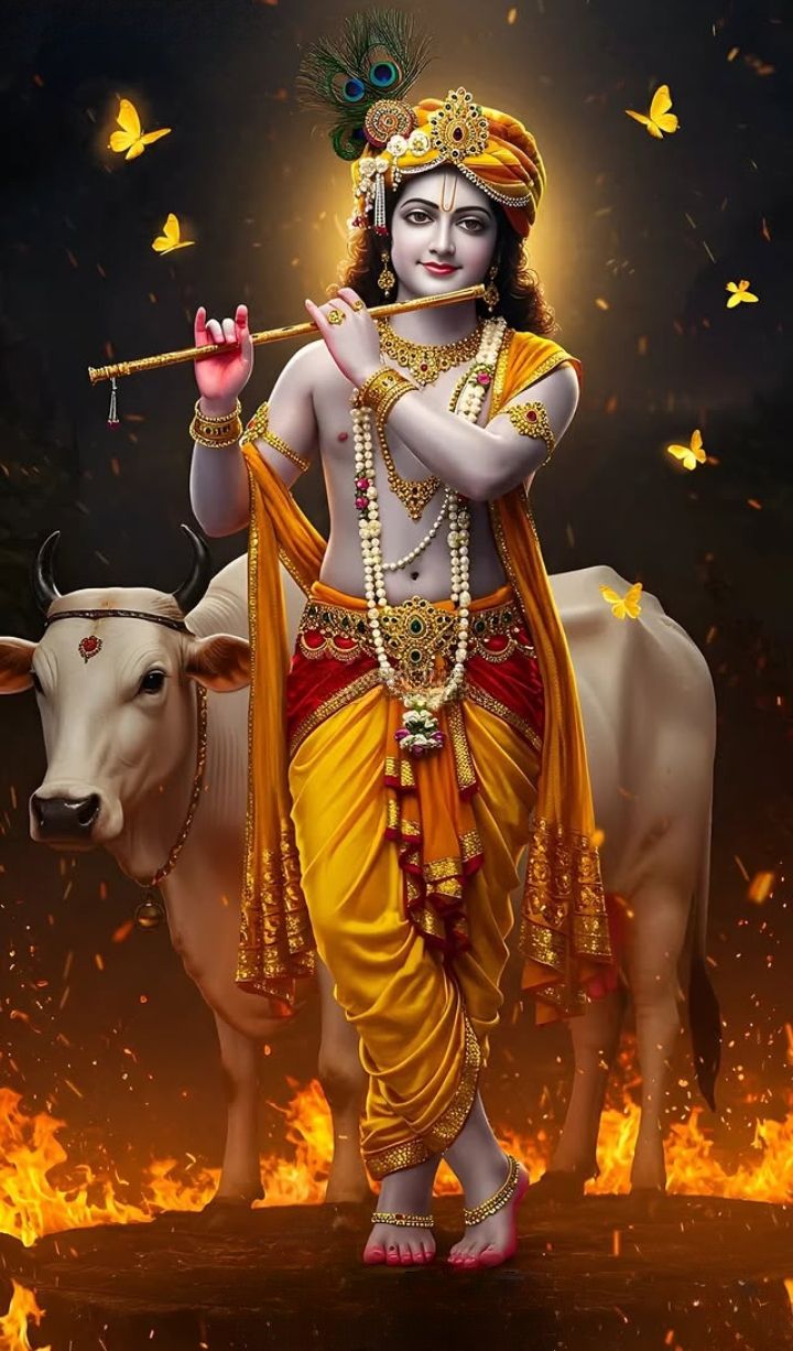 Krishna playing flute with cow and bull