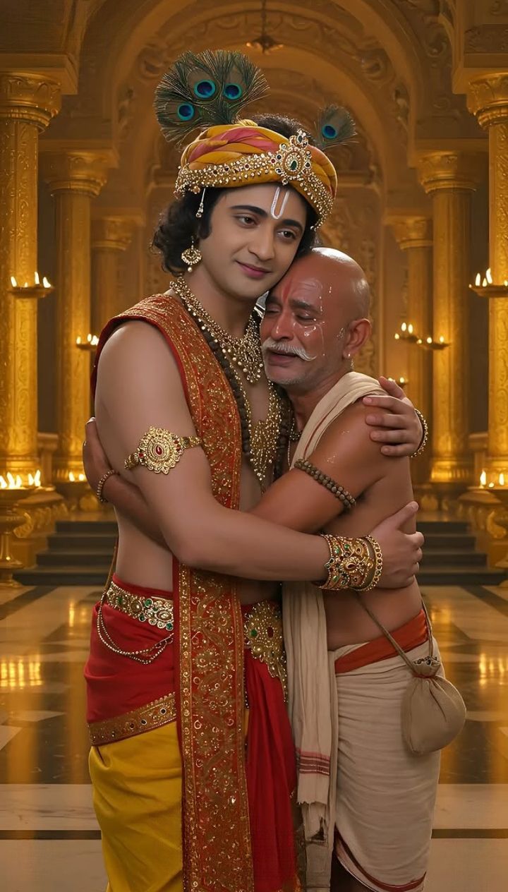 Krishna embracing a devoted follower