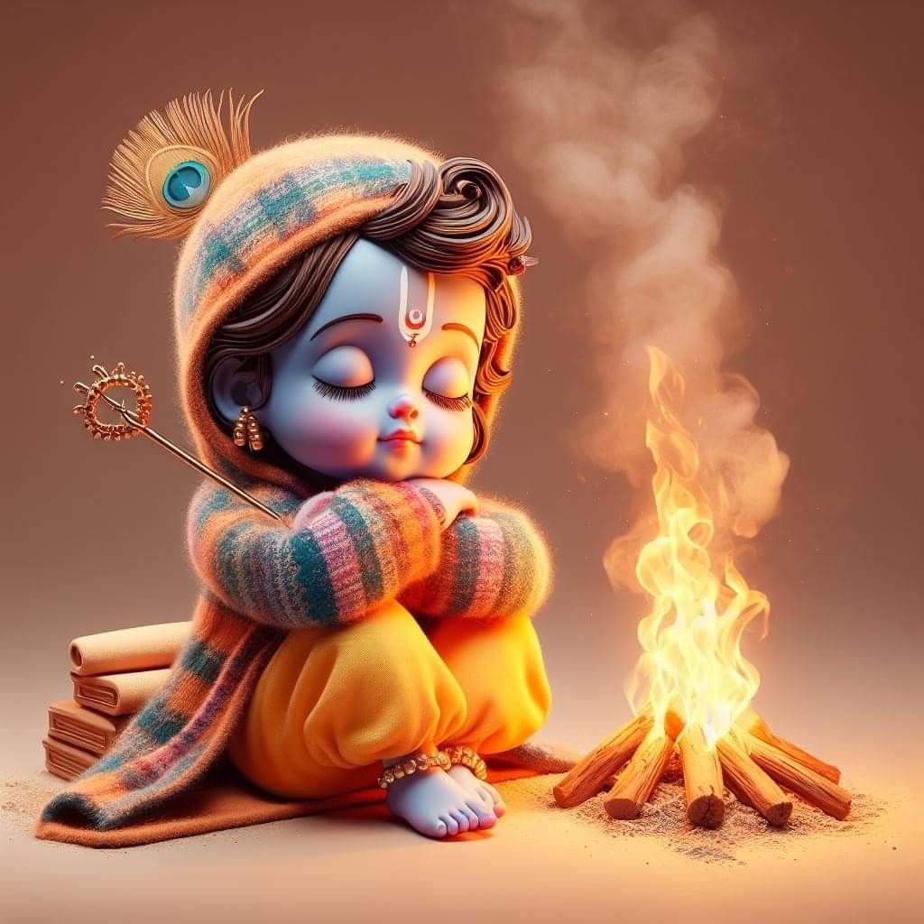 Baby Krishna with flute and fire