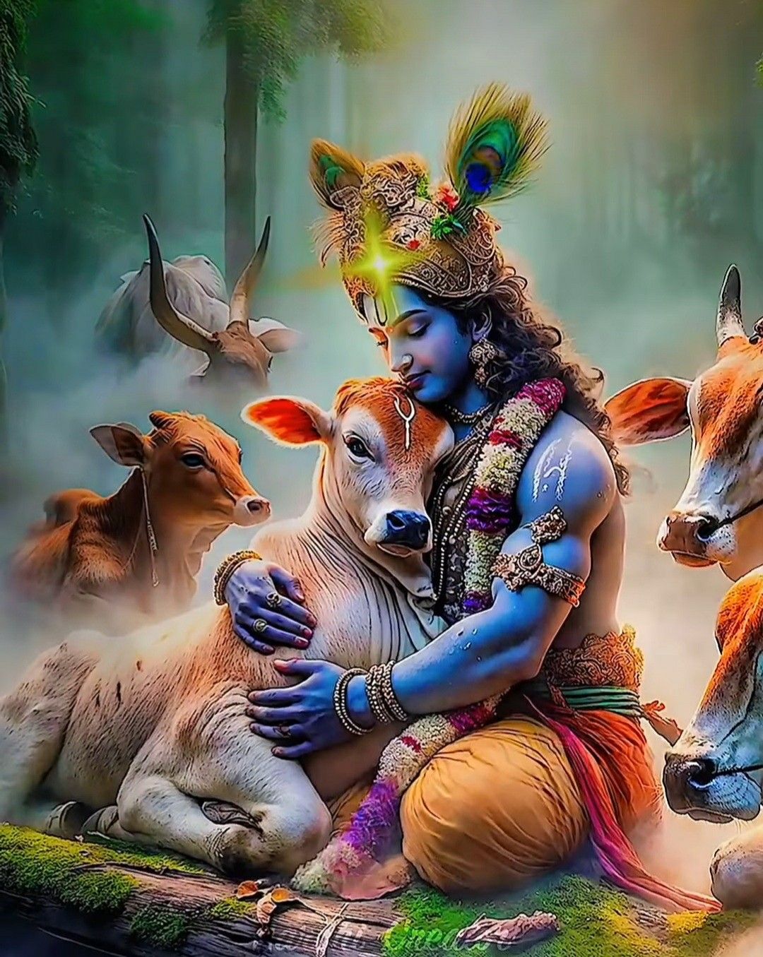 Krishna embraces a calf in forest.