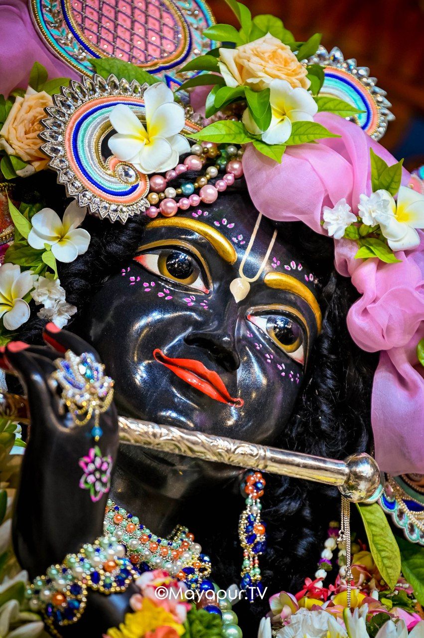 Close-up of Krishna adorned with flowers.