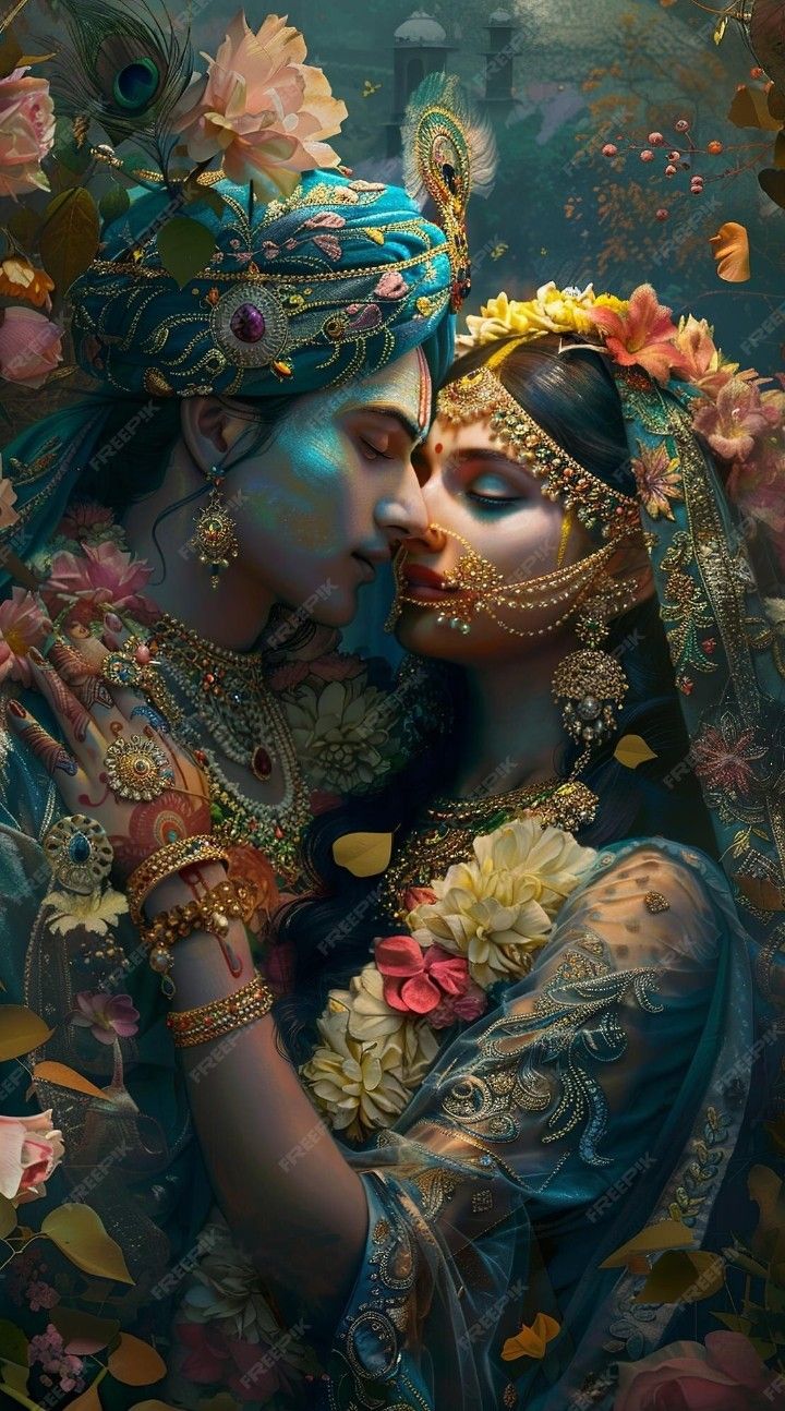 Krishna and Radha amidst floral garland.