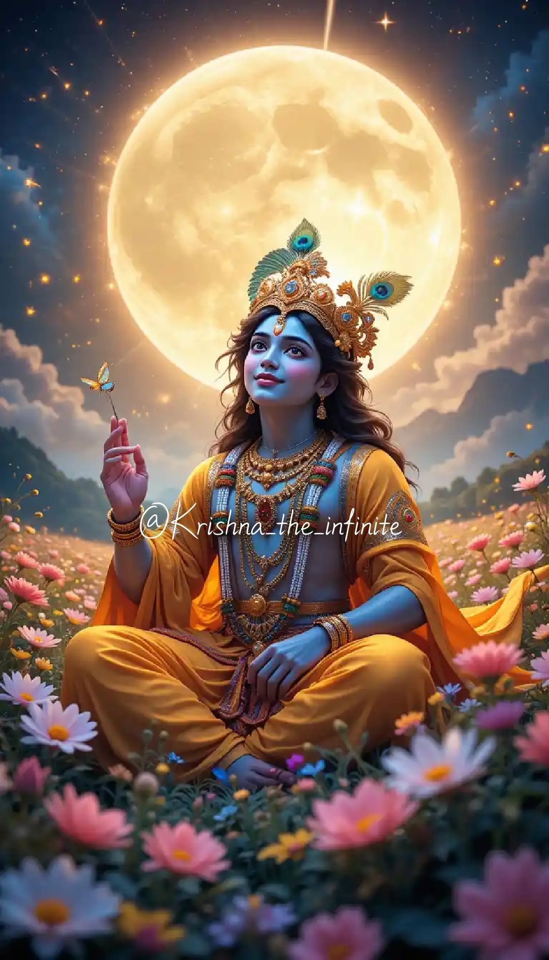 Krishna with flute among lotus flowers