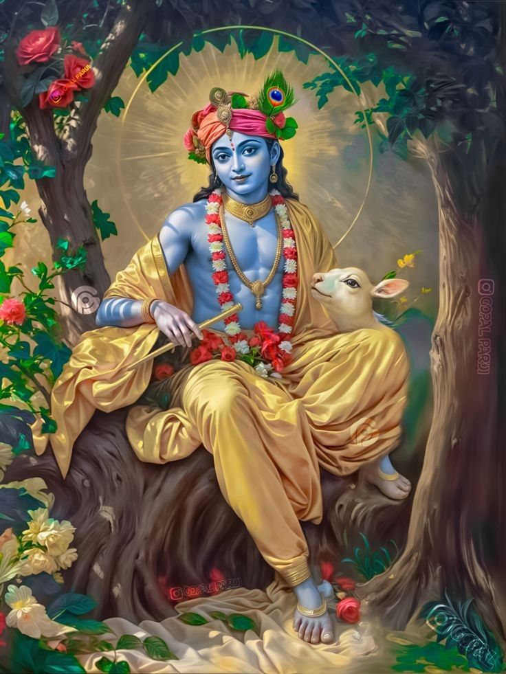 Krishna playing flute in forest scene