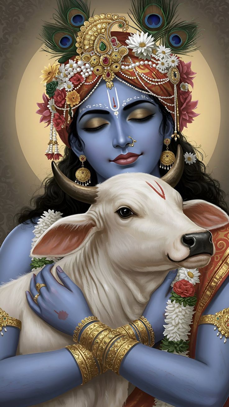 Krishna lovingly embracing a white calf