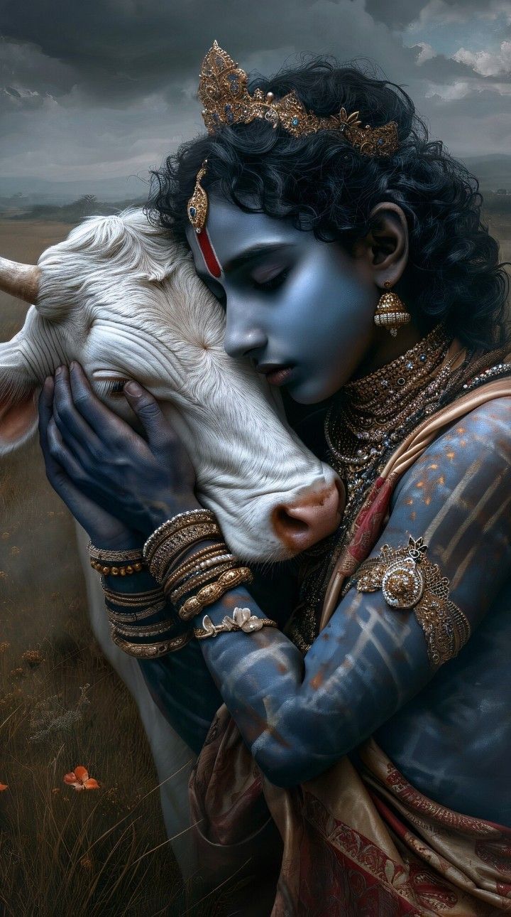 Krishna embracing a gentle cow.