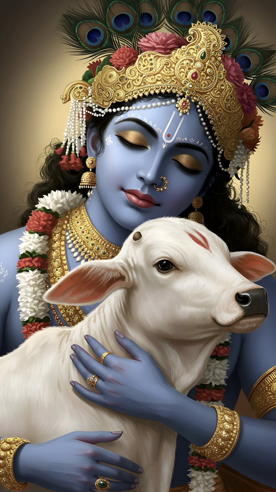Krishna embracing a white calf lovingly