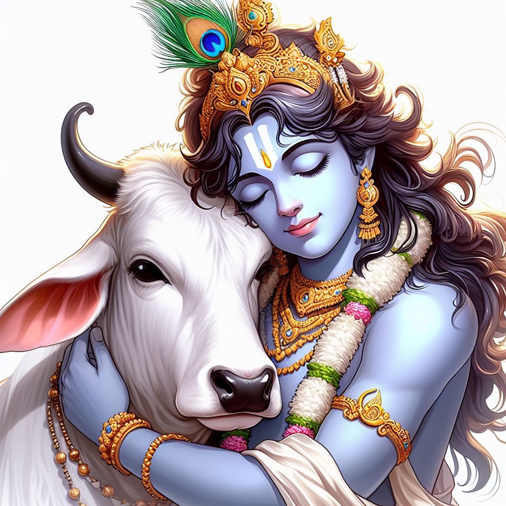 Krishna embracing a gentle cow.